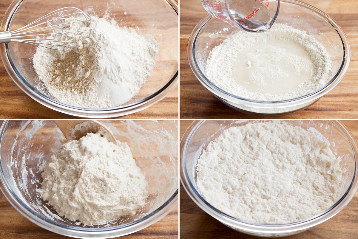 No Knead Bread Four steps of mixing and rising no knead bread dough in a bowl shown here.