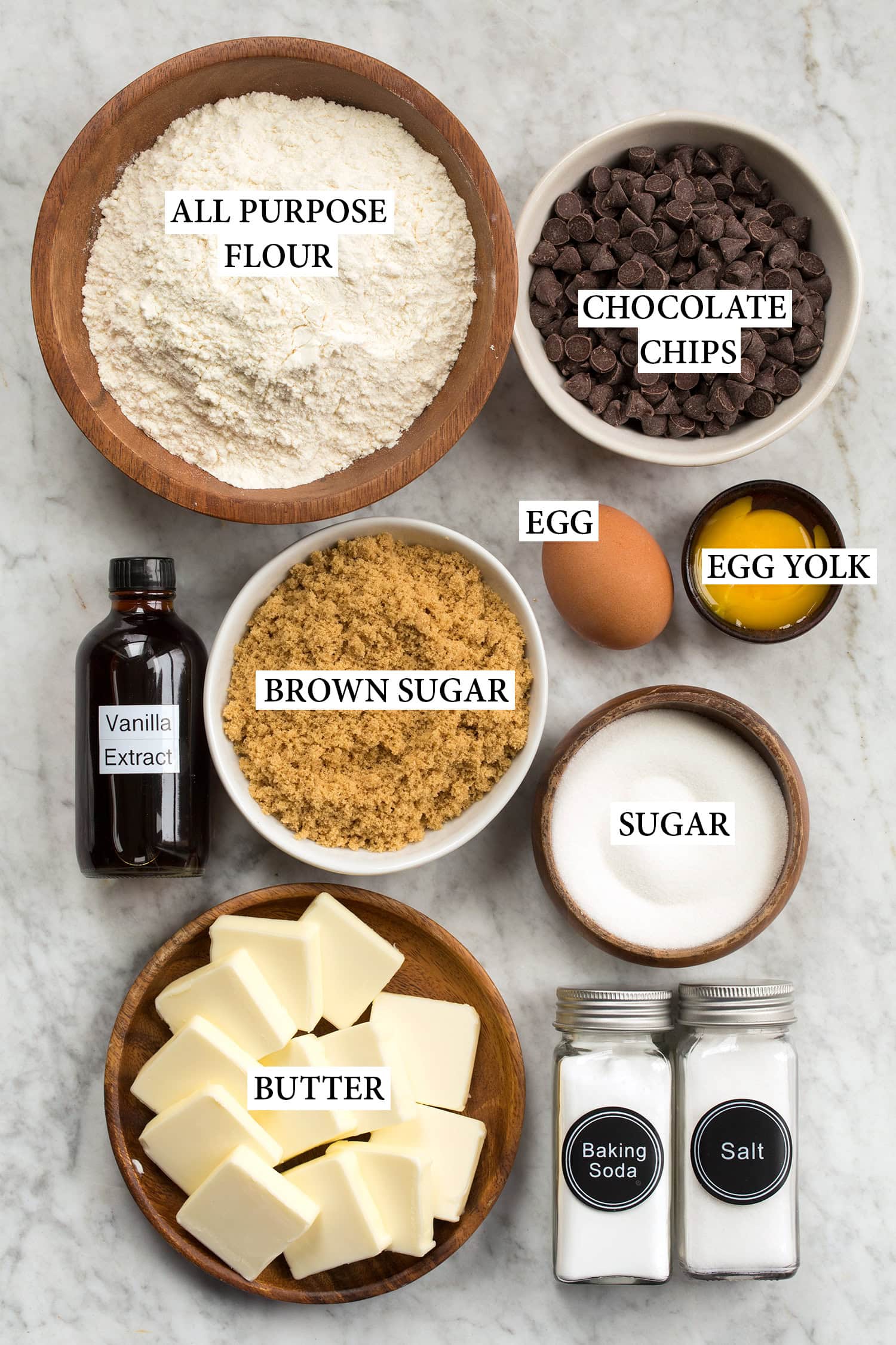 Skillet Chocolate Chip Cookie Ingredients used to make a skillet chocolate chip cookie.