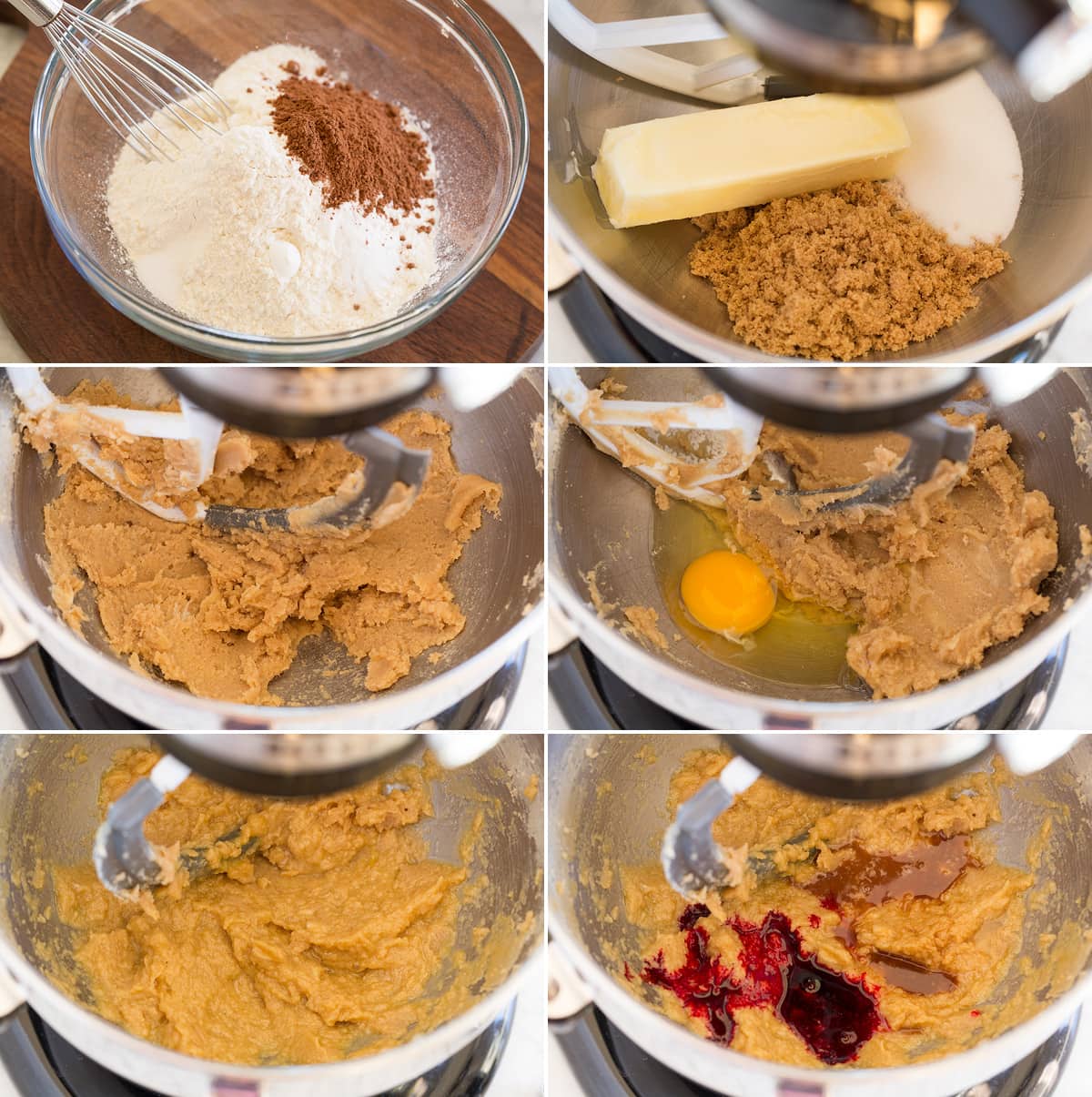 Red Velvet Cookies Collage of six images showing steps to making red velvet cookie dough in a stand mixer.