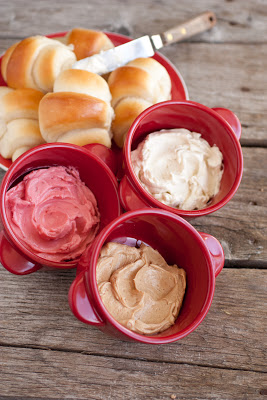 Whipped Specialty Butters - cinnamon, honey, and raspberry.