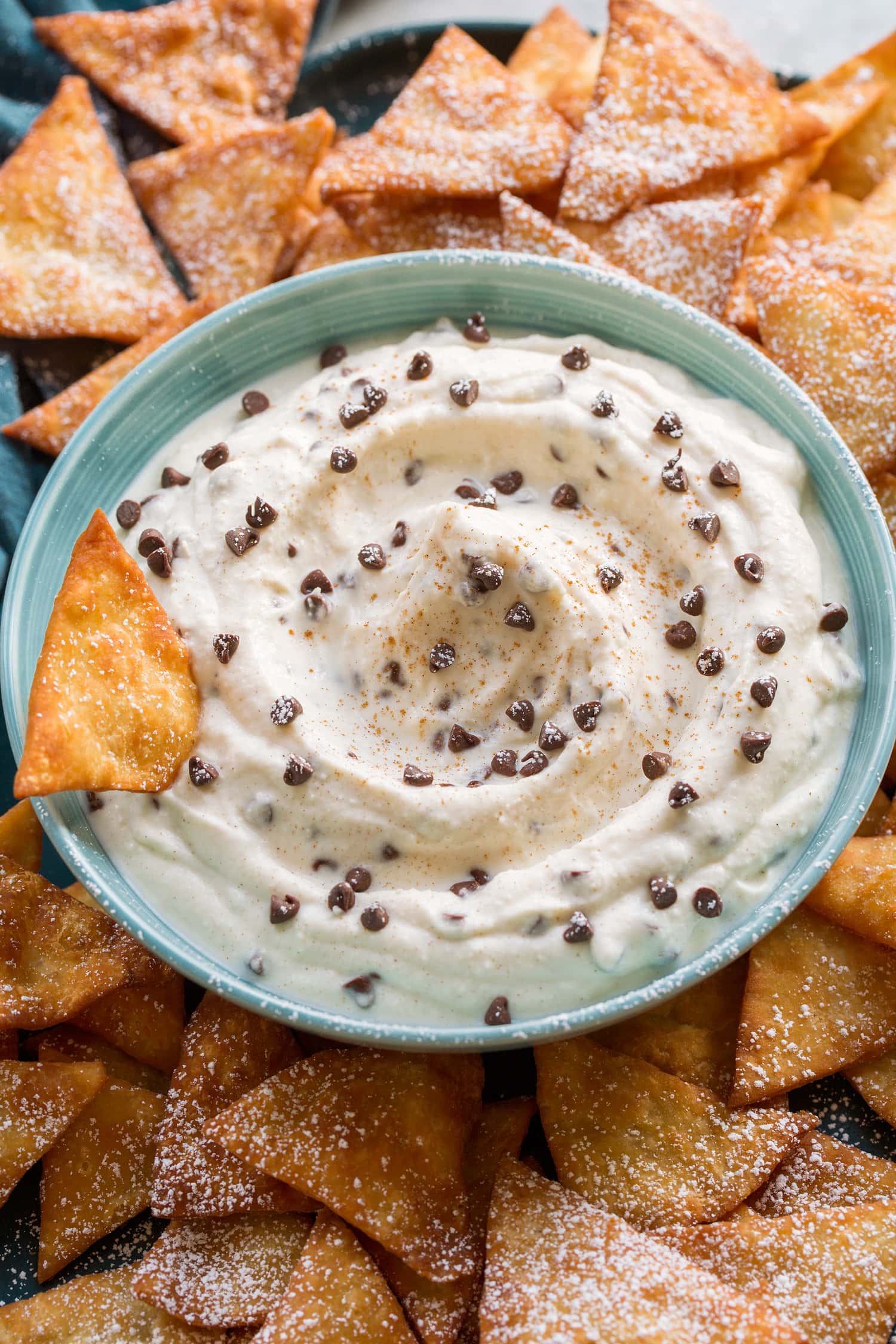 Cannoli Dip Close up photo of cannoli dip with chocolate chips.