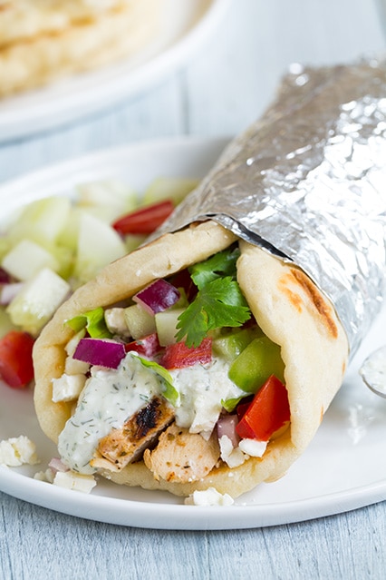 chicken Gryos with Tzatziki Sauce on a white plate