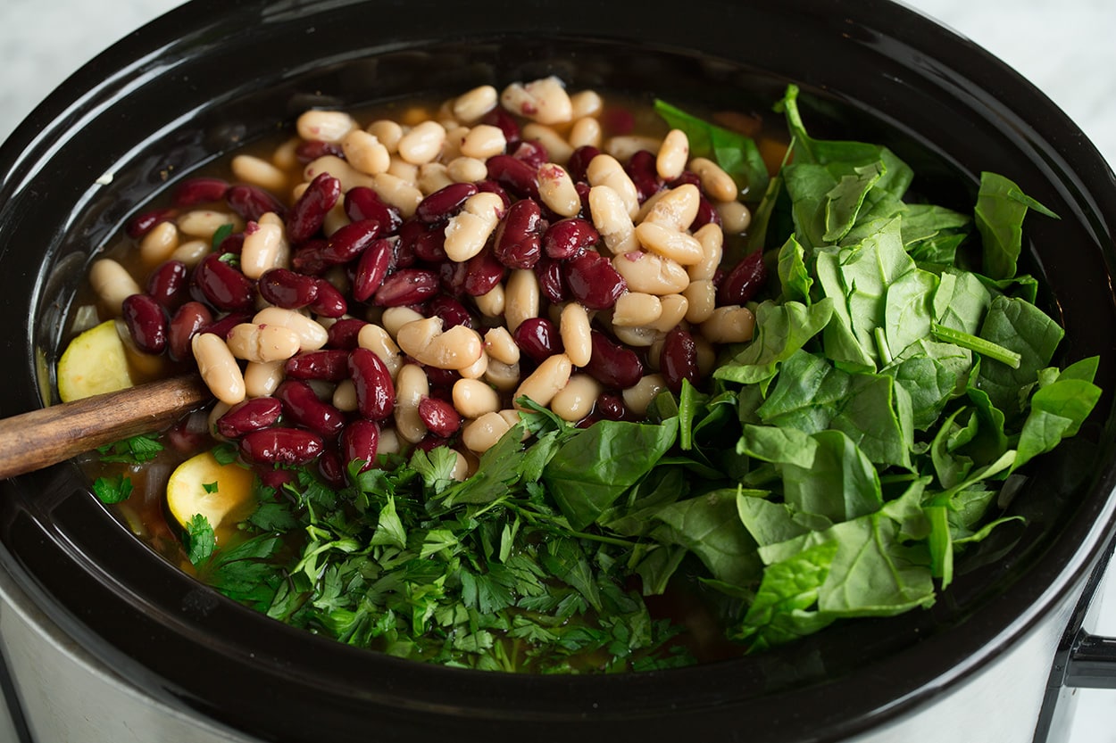 Minestrone Soup Adding beans, spinach and parsley to minestrone.