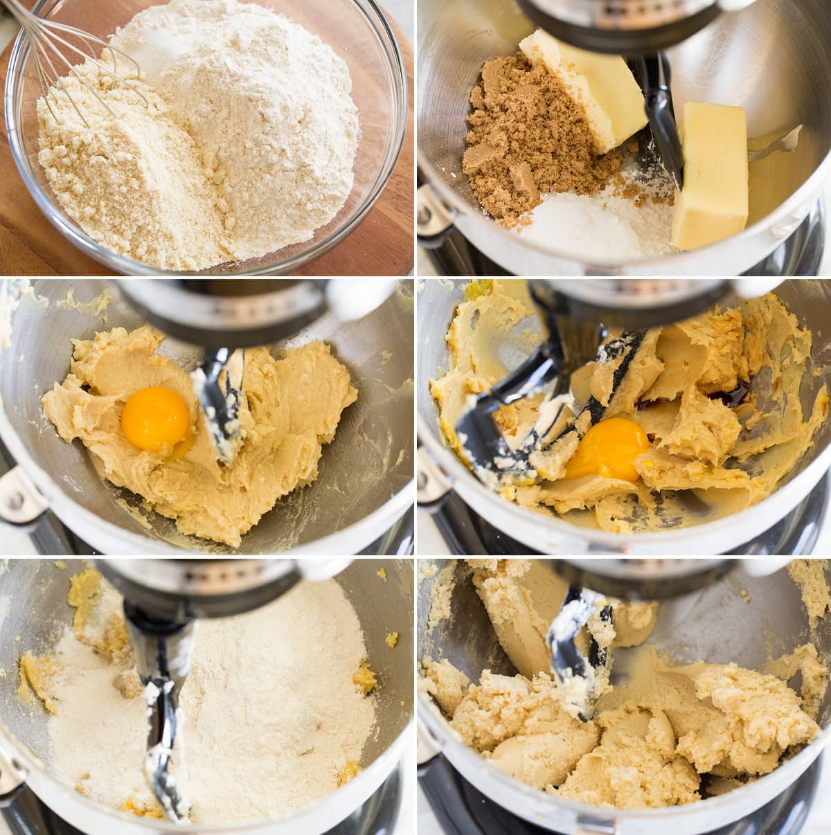 Linzer Cookies Collage of six photos showing how to make linzer cookie dough in a stand mixer bowl.