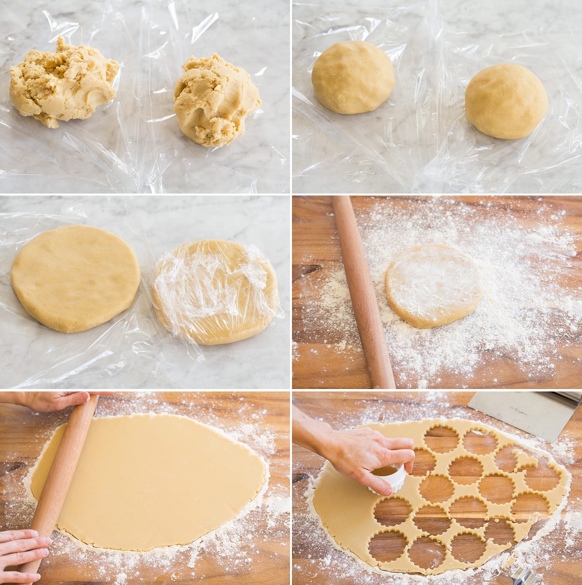 Linzer Cookies Collage of six photos showing how to shape linzer cookie dough for chilling then shows how to roll the dough on a floured surface and cut.