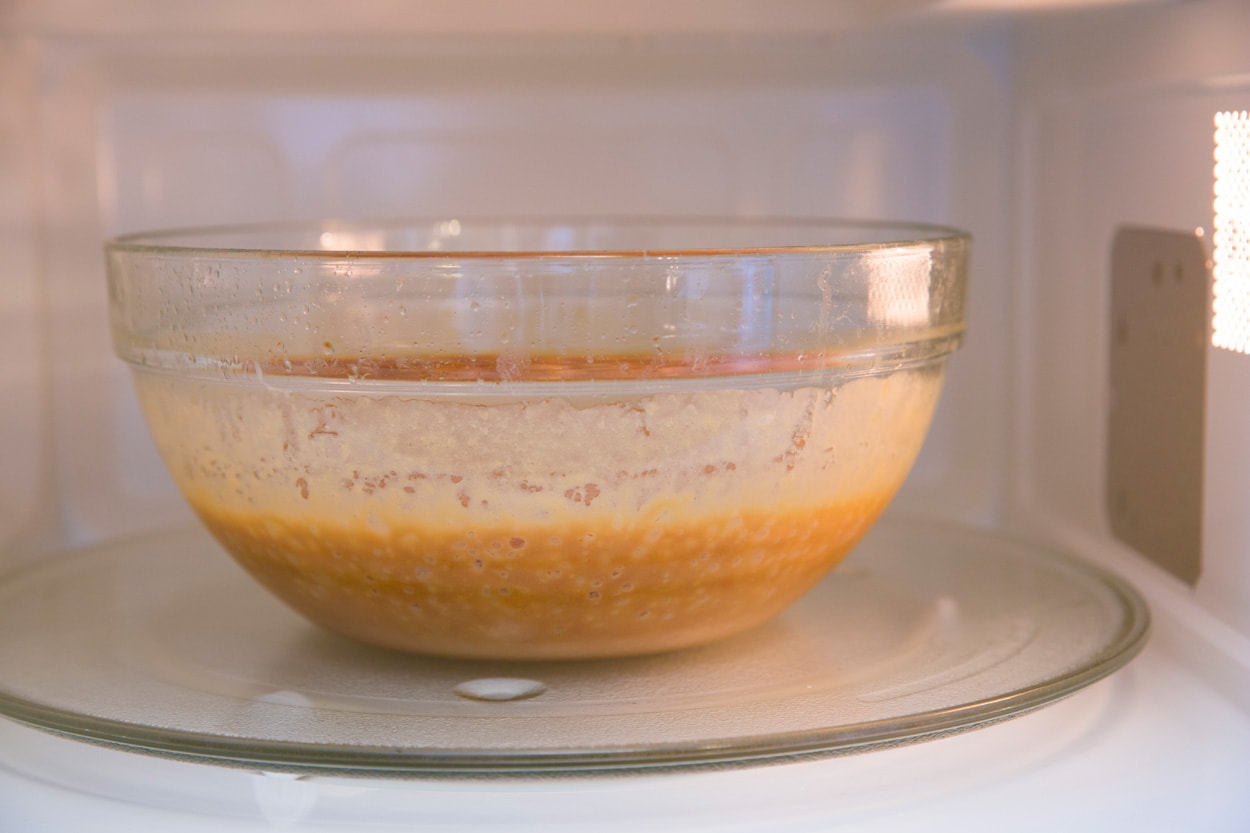 Microwave Caramels Caramel mixture shown after cooking in mixing bowl.