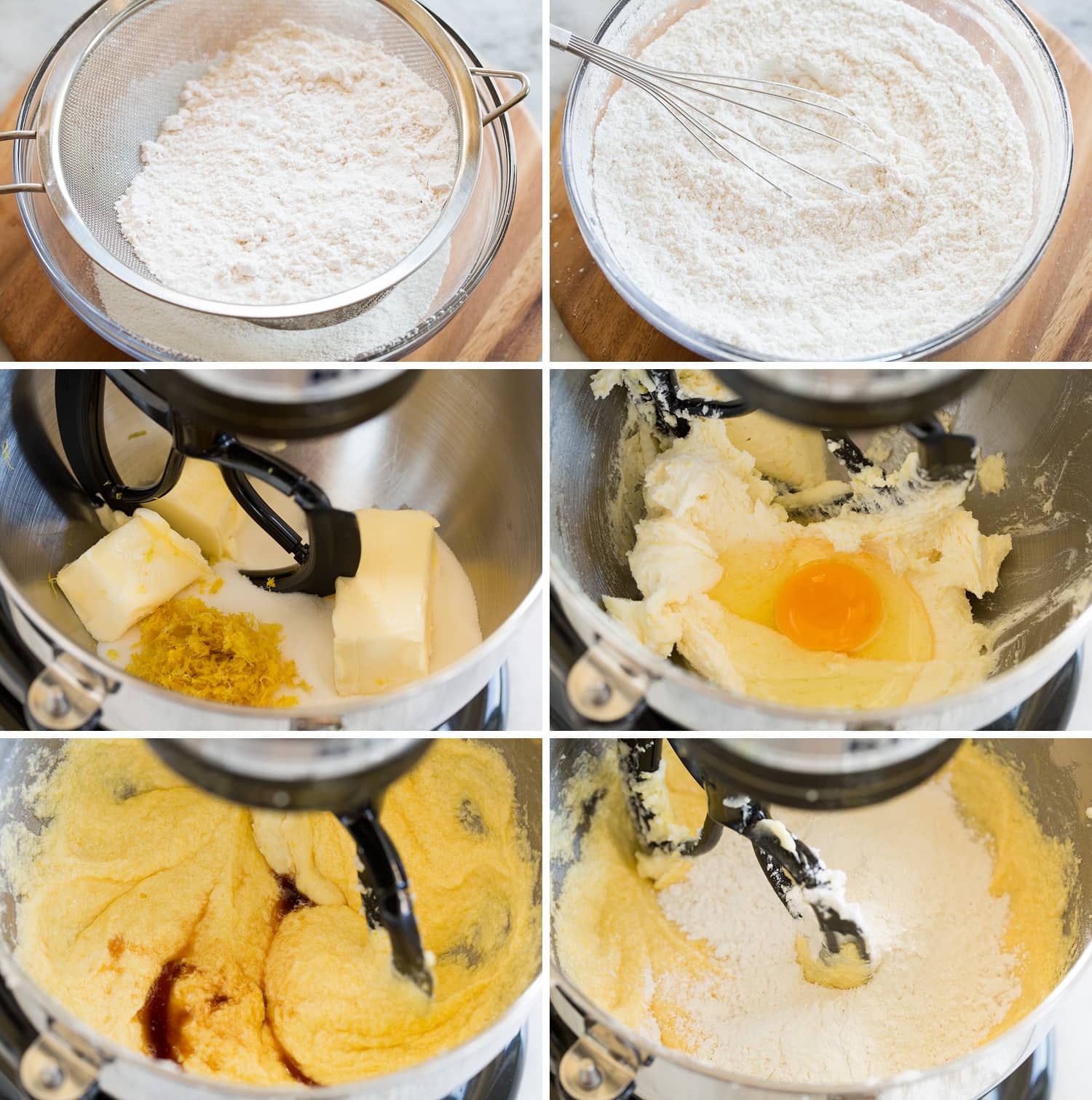 Lemon Blueberry Cake Steps of making lemon blueberry cake batter in a stand mixer bowl.