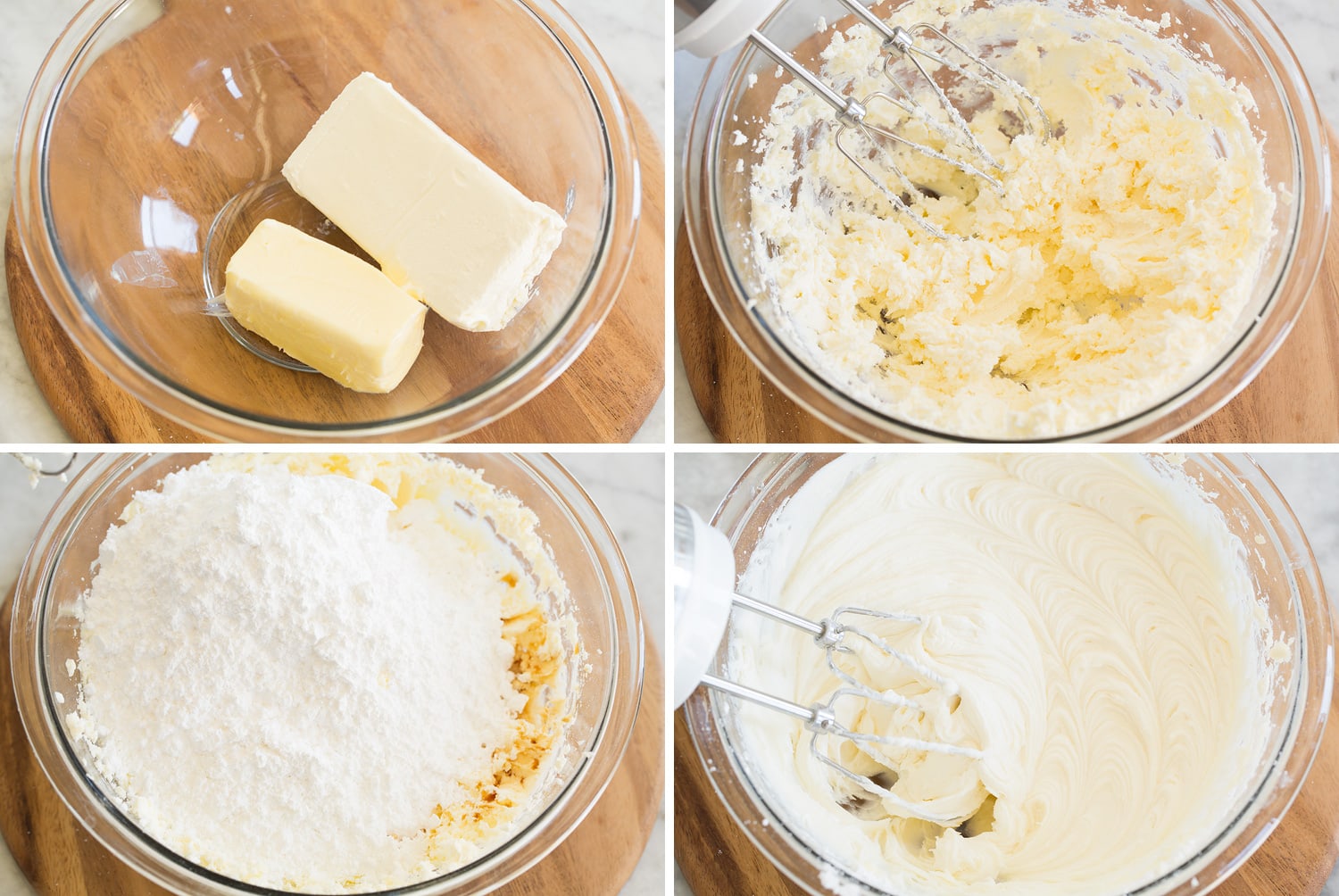 Lemon Blueberry Cake Steps of making cream cheese frosting from scratch.
