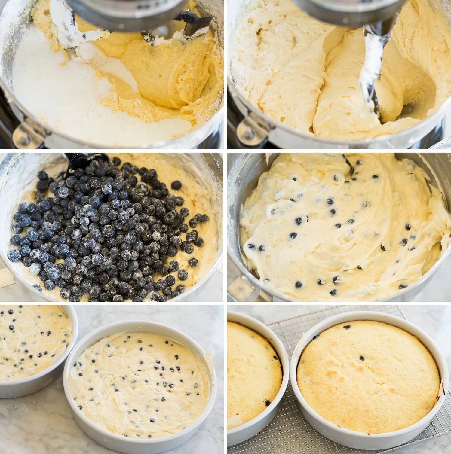 Lemon Blueberry Cake Finishing lemon blueberry cake batter and pouring into cake pans.