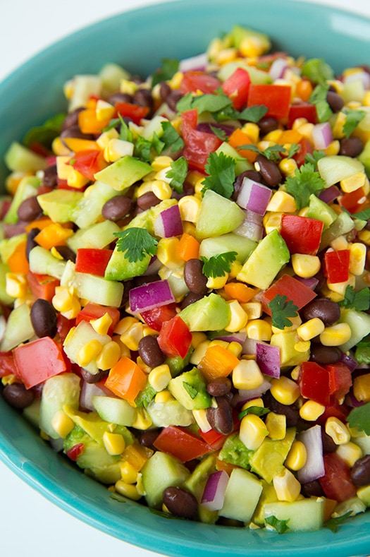 Mexican Salad with Greek Yogurt Cilantro Lime Ranch in blue bowl