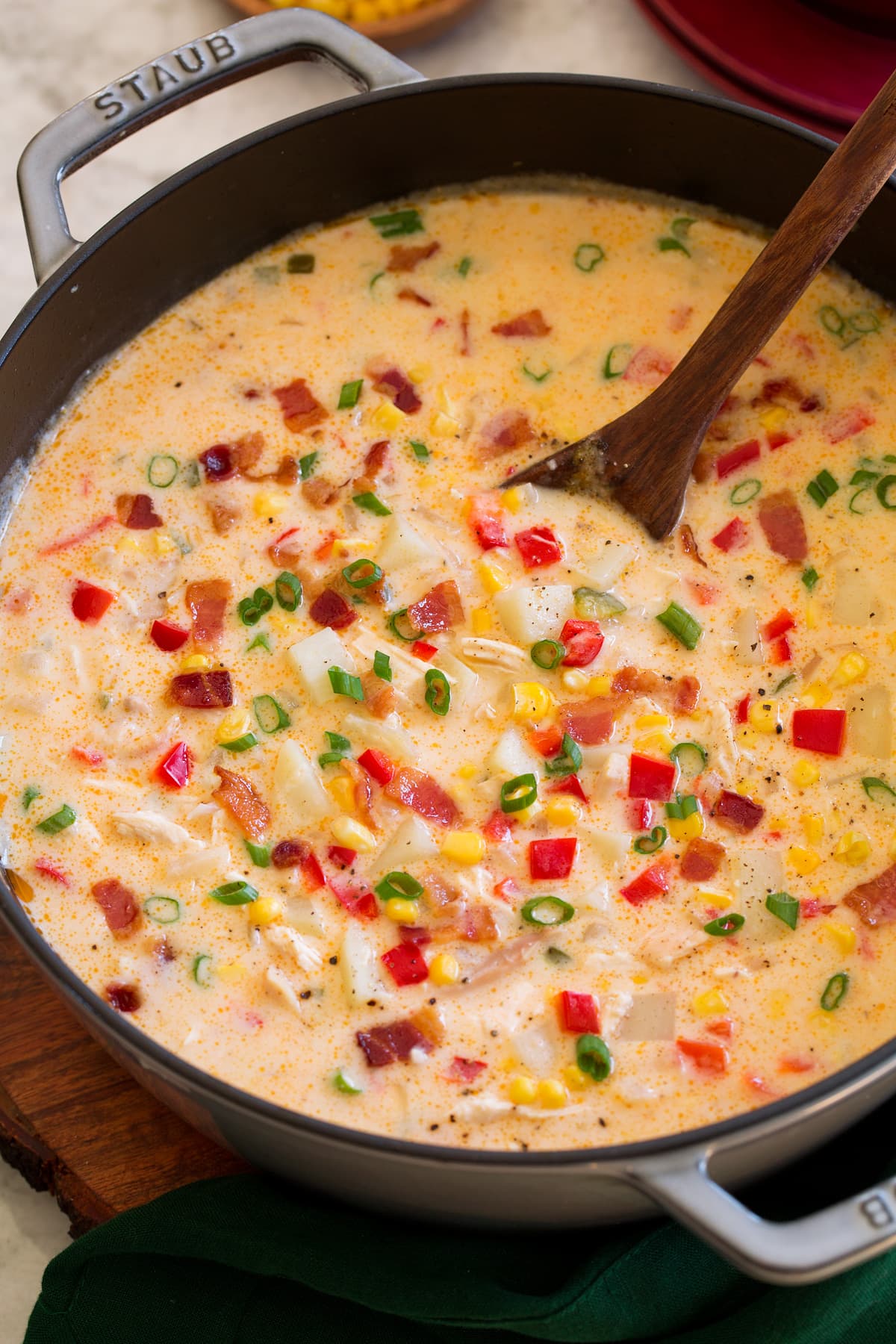 Creamy Chicken Corn Chowder Close up photo of creamy chicken corn chowder in a pot.