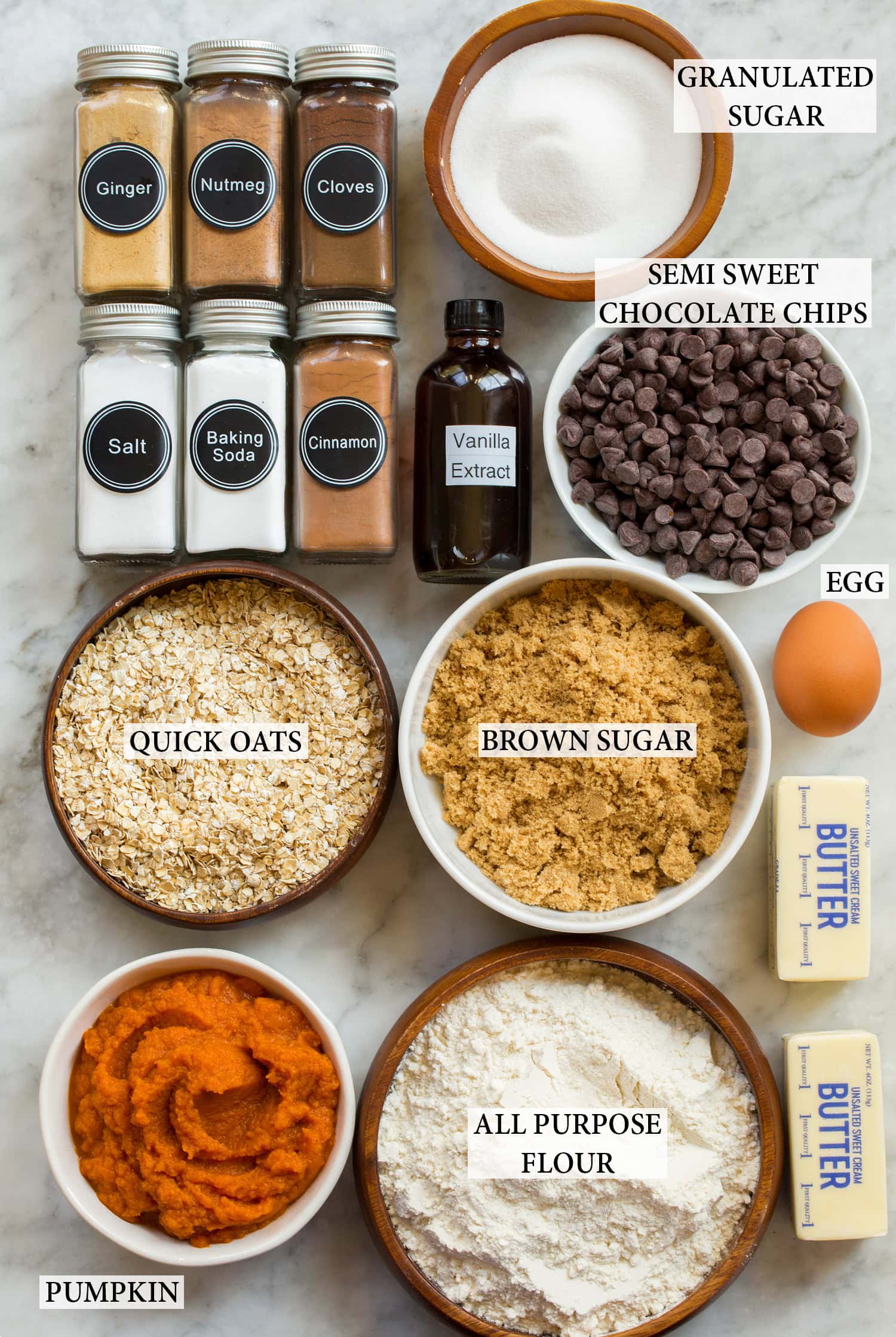 Pumpkin Oatmeal Cookies Ingredients used to make pumpkin oatmeal cookies.