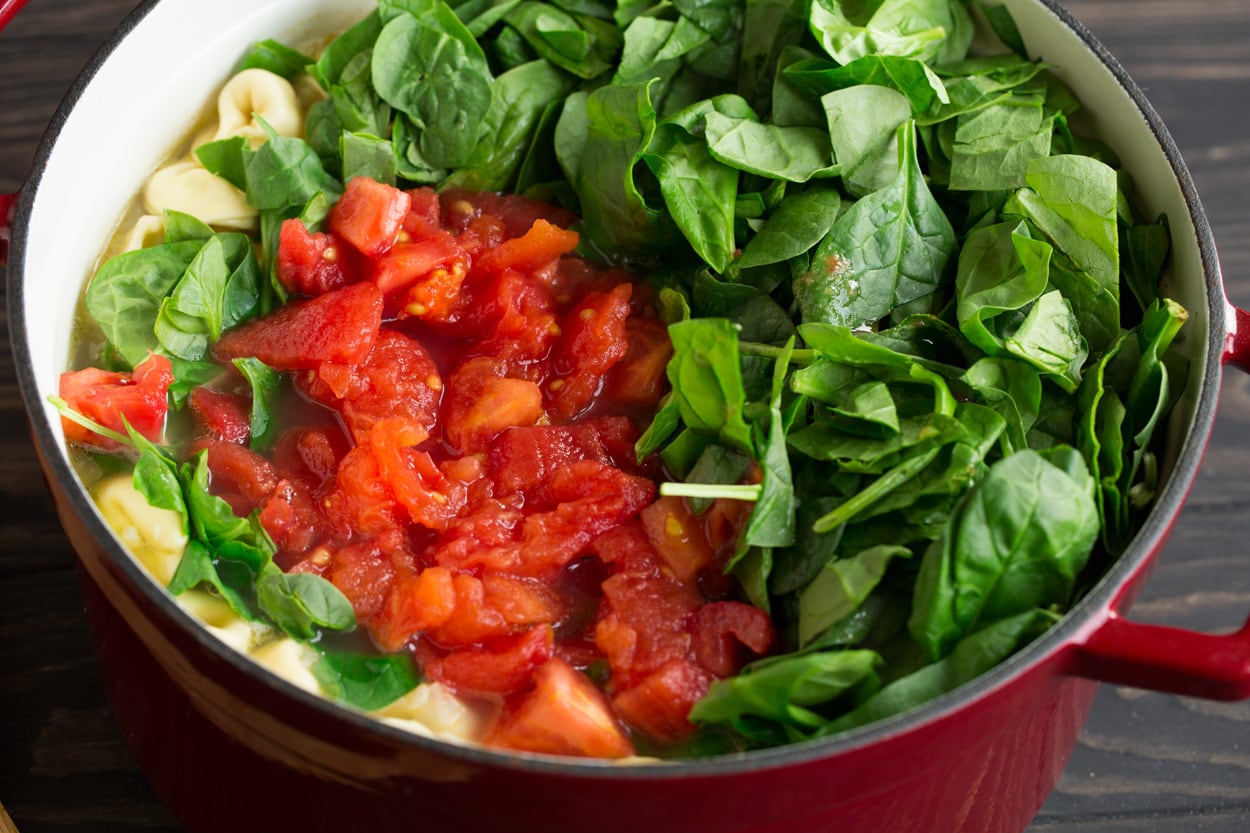 Tortellini Soup with Fresh Spinach Tomato and Garlic Adding fresh tomato and spinach to tortellini soup.