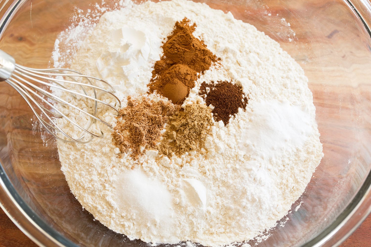 Pumpkin Snickerdoodle Cookies Flour, cinnamon, baking soda, cream of tartar mixture in glass bowl.