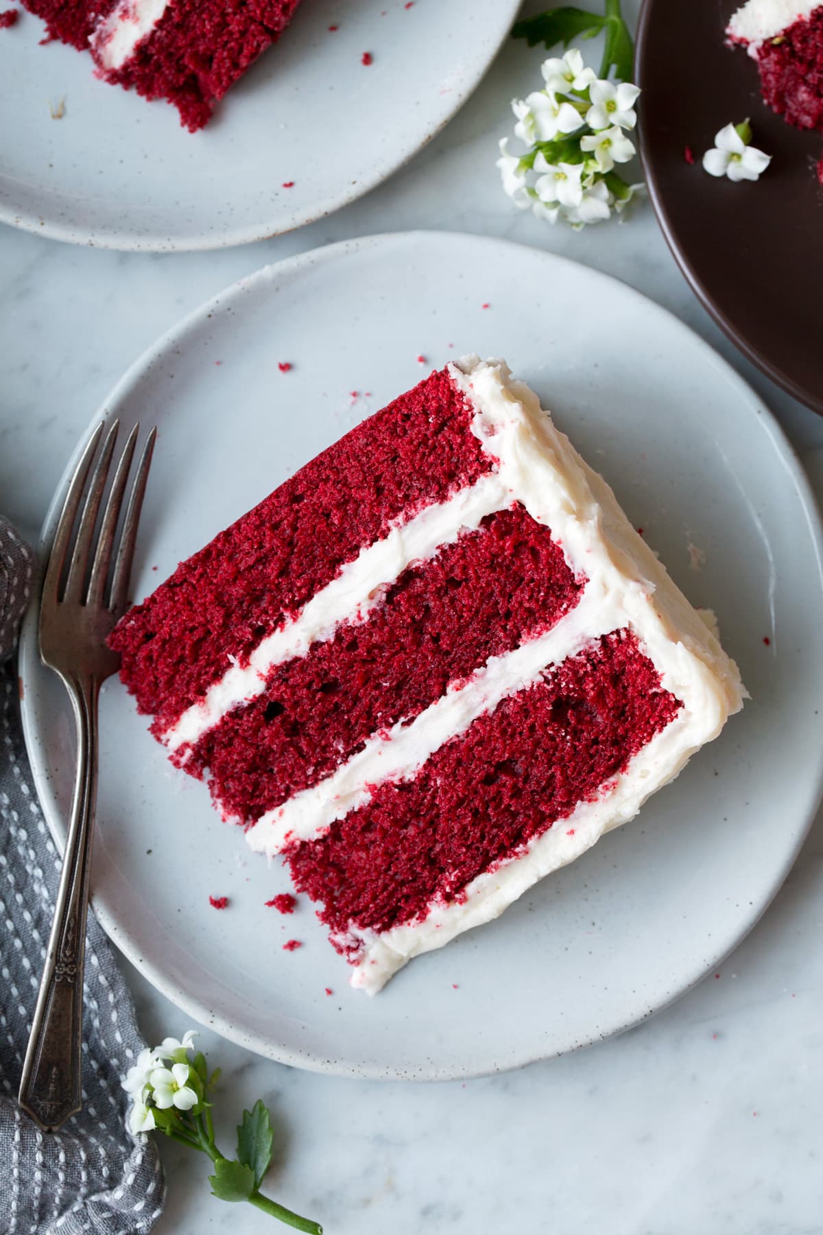 Best Ever Red Velvet Cake! Soft, moist, fluffy and perfectly rich. Overhead image of slice of Red Velvet Cake on a light grey serving plate.