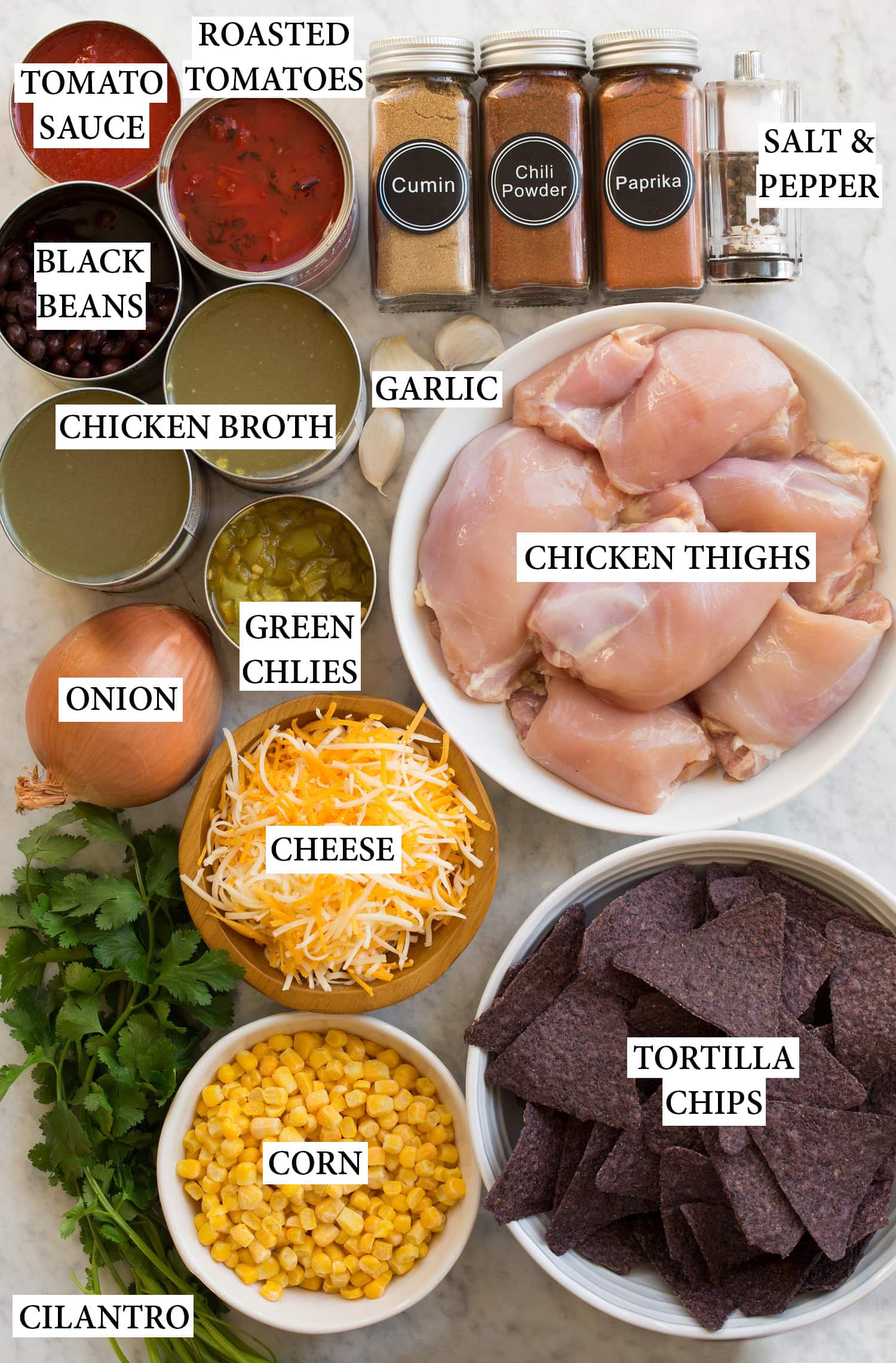 Slow Cooker Chicken Tortilla Soup Ingredients used to make slow cooker chicken tortilla soup.