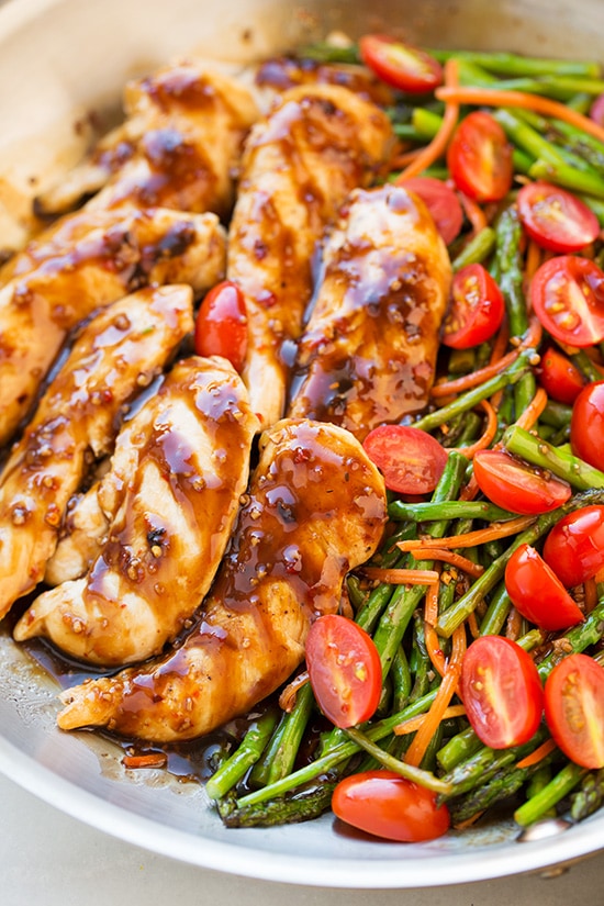 One Pan Balsamic Chicken. An easy and delicious meal using simple ingredients packed with flavor. This is a a 20 minute meal that is sure to please! | Balsamic Chicken Recipe | Easy Chicken Recipe | Chicken Dinner | #cookingclassy #chicken #balsamic #dinner One Pan Balsamic Chicken on a plate with asparagus and tomatoes