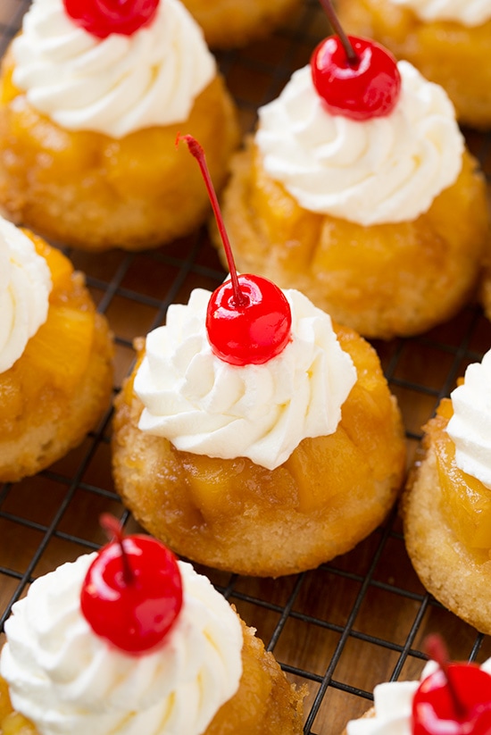 Pineapple Upside Down Cupcakes | Cooking Classy Mini Pineapple Upside Down Cakes on Cooling Rack