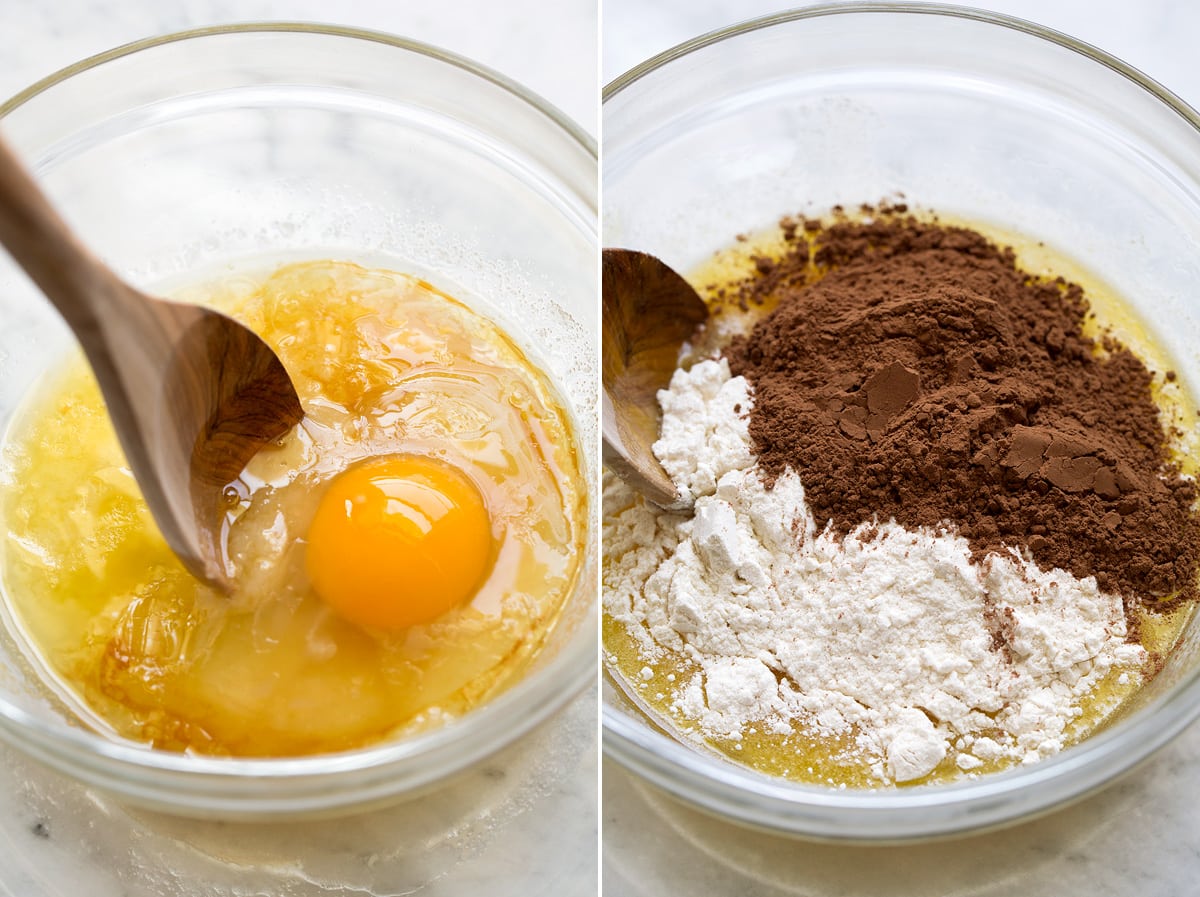 Small Batch Brownies Egg being added to butter sugar mixture in mixing bowl, then flour and cocoa powder added to mixture.