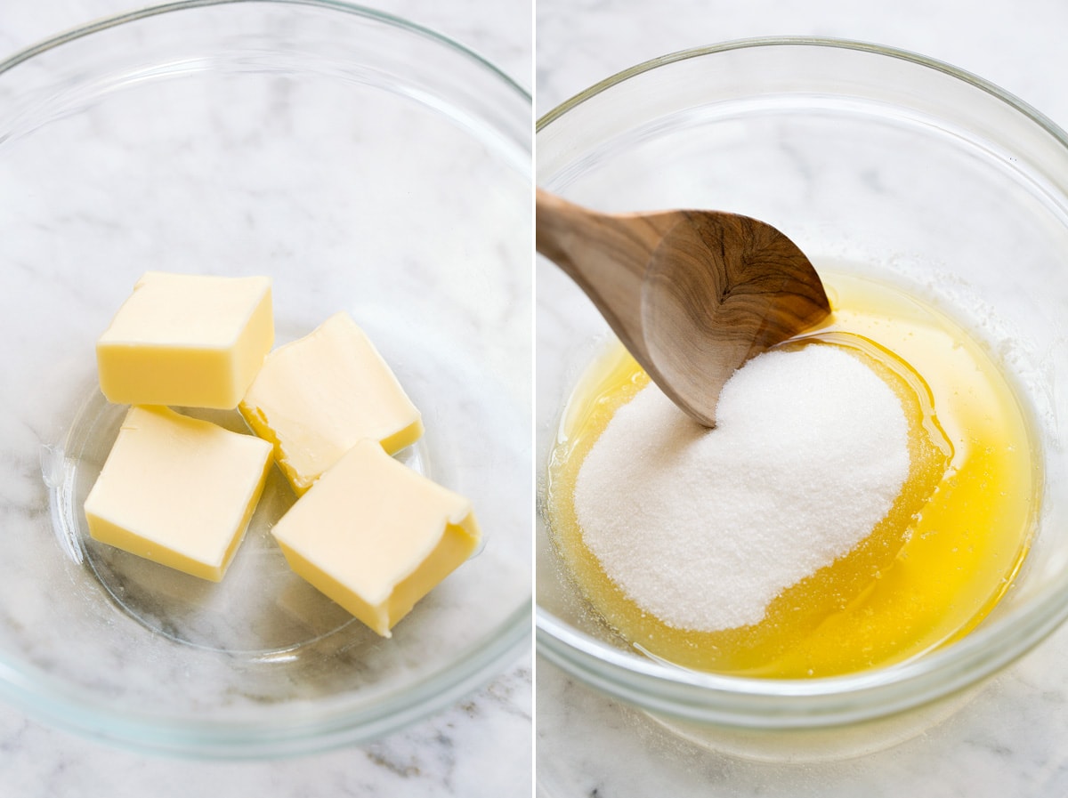Small Batch Brownies Butter and sugar in a glass mixing bowl.