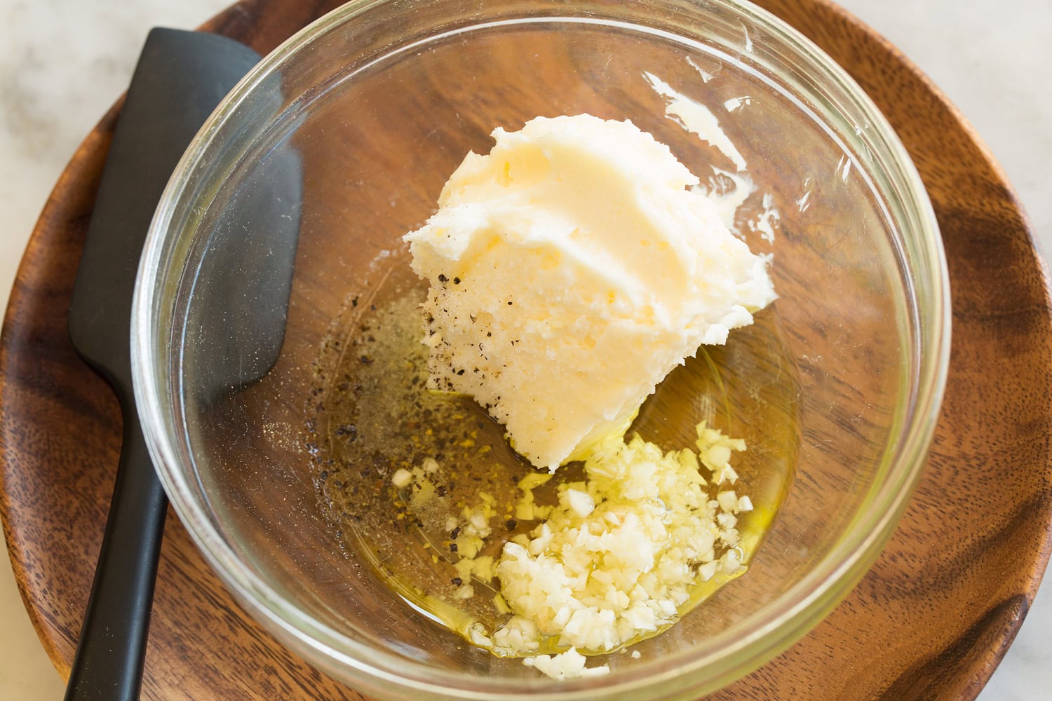 Cheesy Garlic Bread Garlic butter mixture shown before mixing.