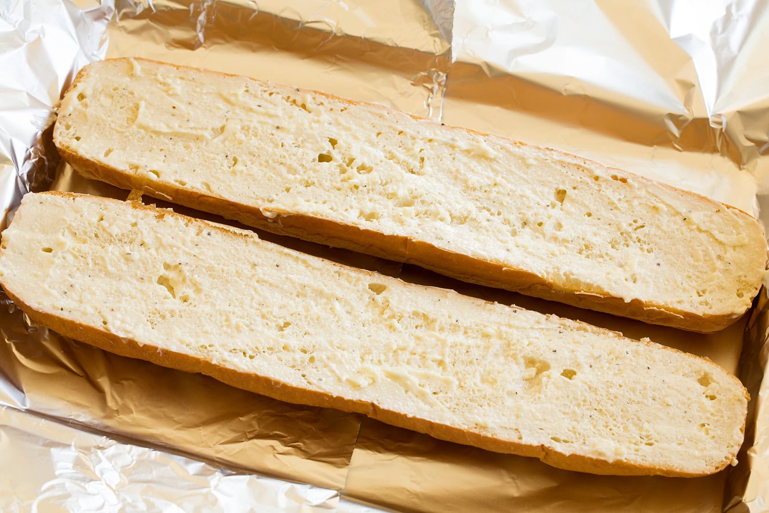 Cheesy Garlic Bread French bread halves slathered with garlic butter.