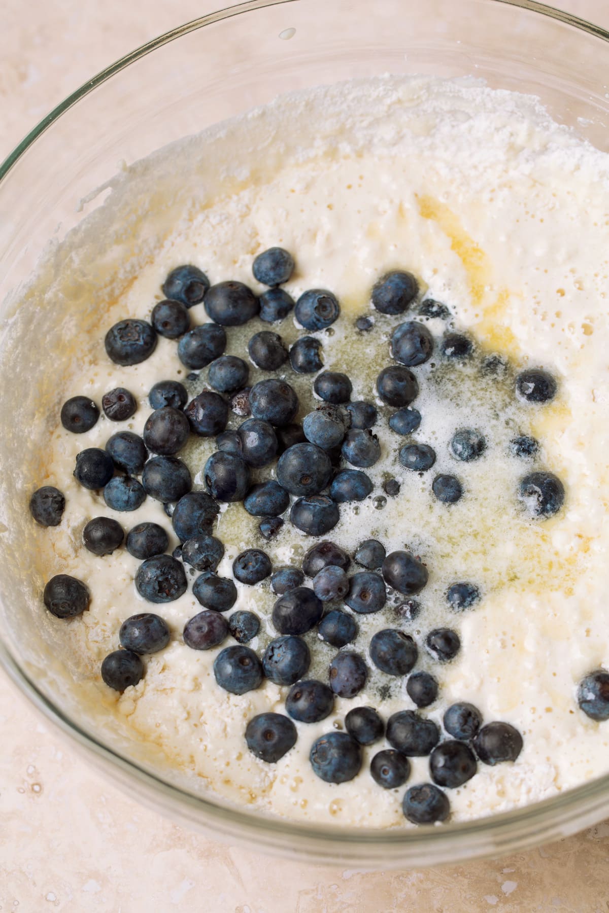 Blueberry Pancakes Blueberry pancake batter.