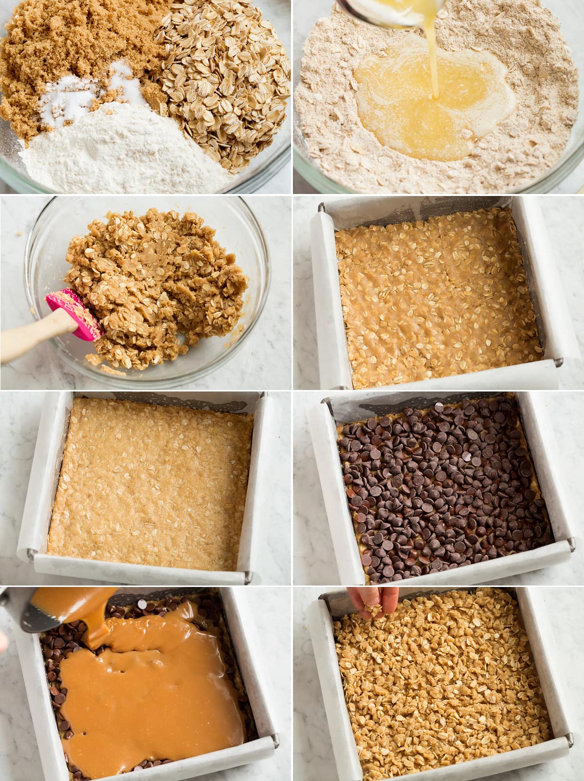 Carmelitas Collage of eight photos showing how to make carmelitas cookies.