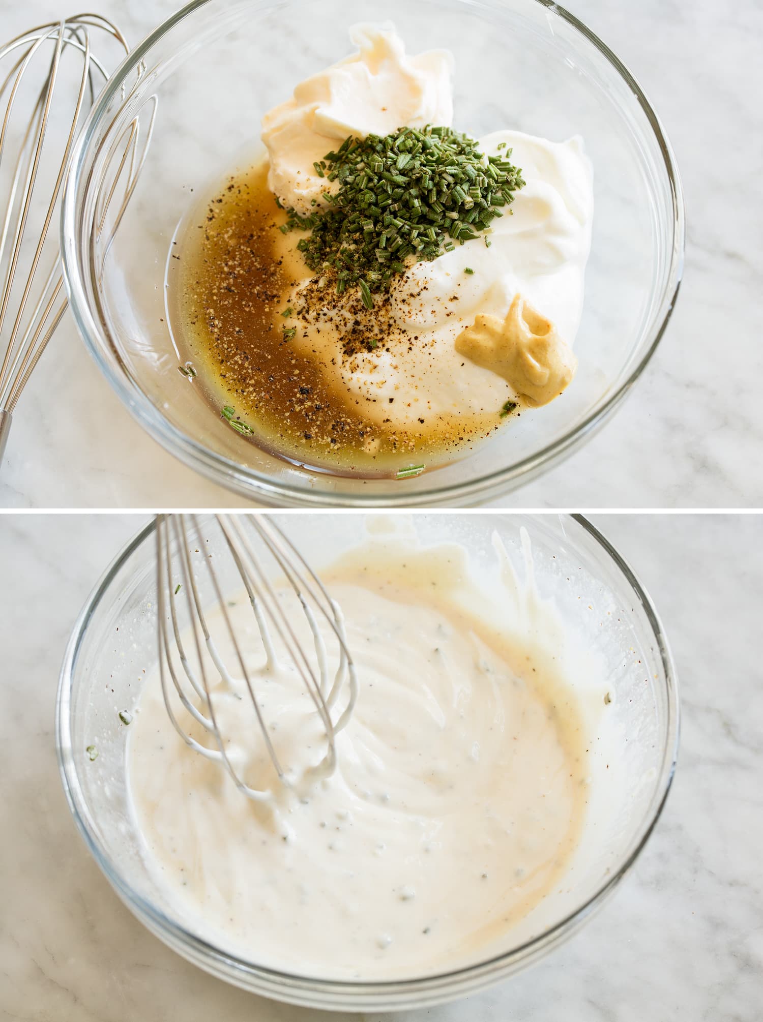 Apple Chicken Salad Making chicken salad dressing in mixing bowl.
