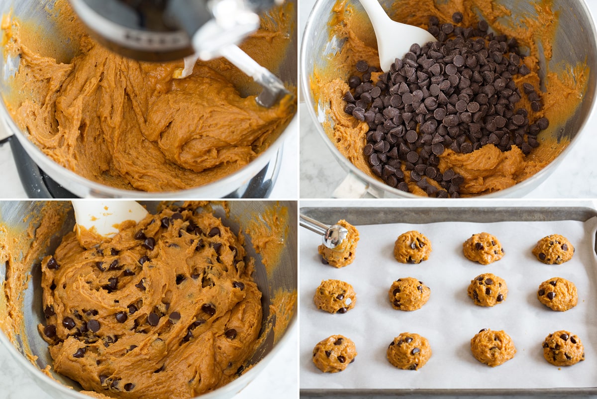 Pumpkin Chocolate Chip Cookies Collage of four images showing continued steps of making pumpkin chocolate chip cookie batter. Shows folding in chocolate chips, batter upon completion and scooping batter on to baking sheet using a cookie scoop.