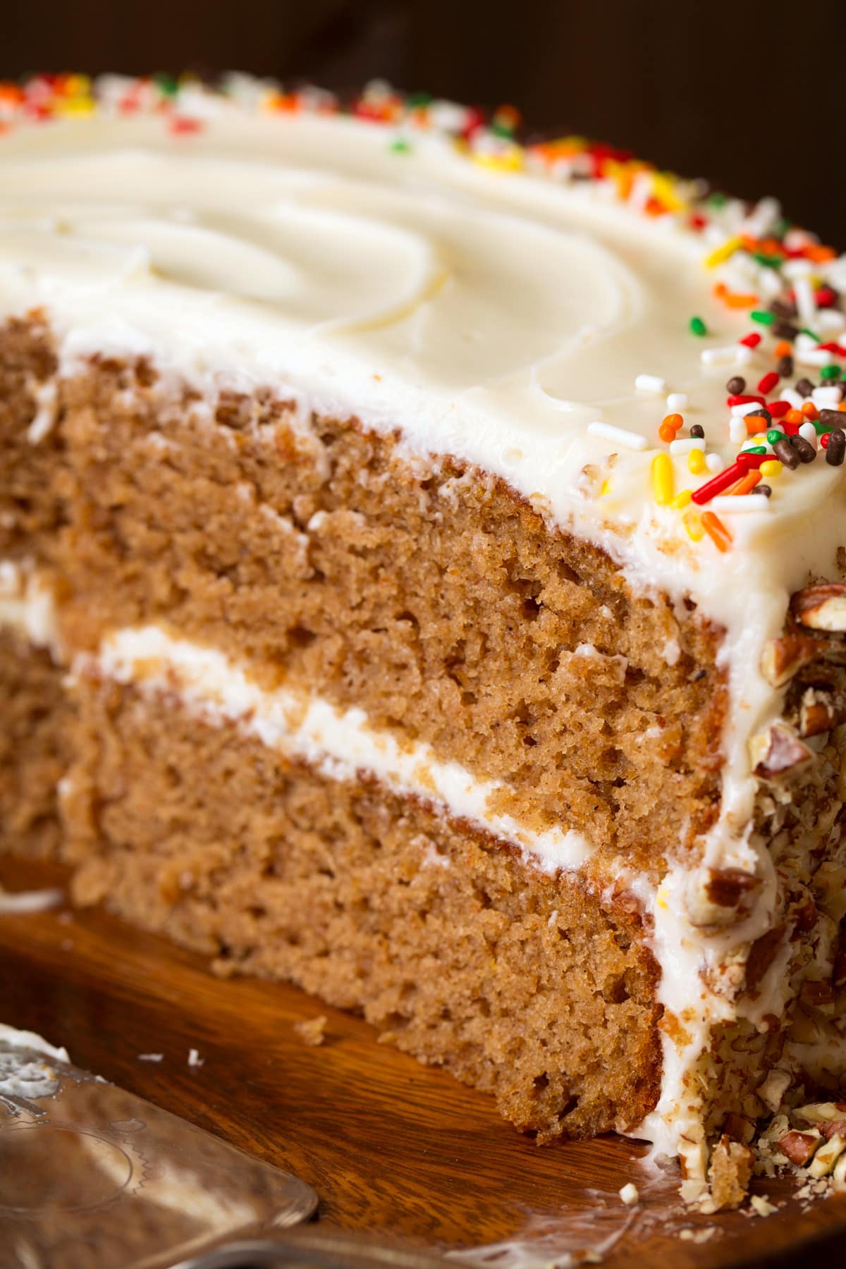 Spice Cake Close up image of spice cake showing texture and frosting layers.