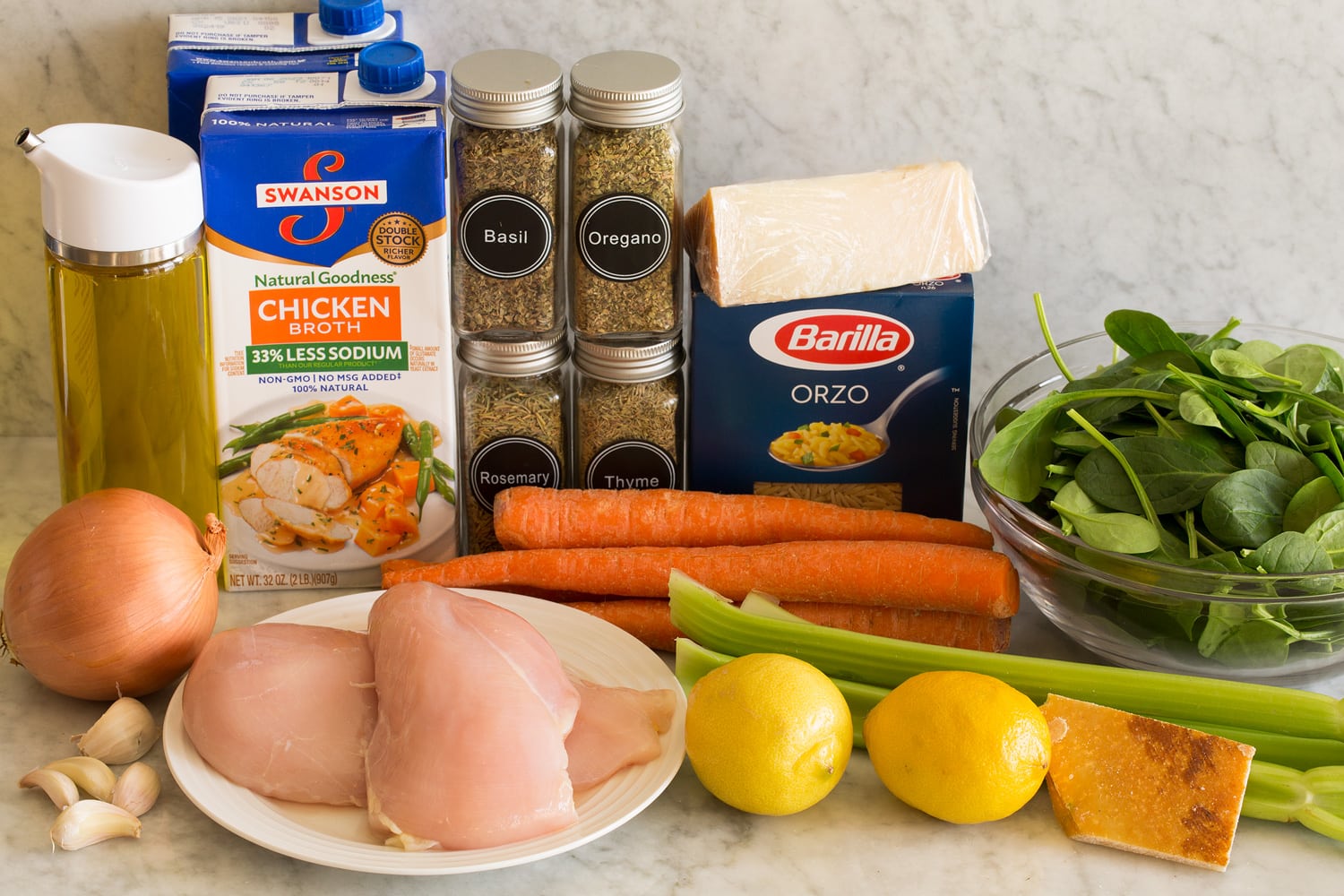 Lemon Chicken Orzo Soup Ingredients needed to make lemon chicken orzo soup.