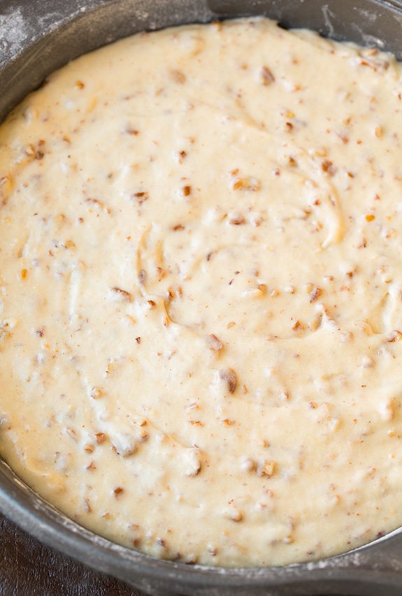 Butter Pecan Cake Butter Pecan Cake batter in cake pan before baking.