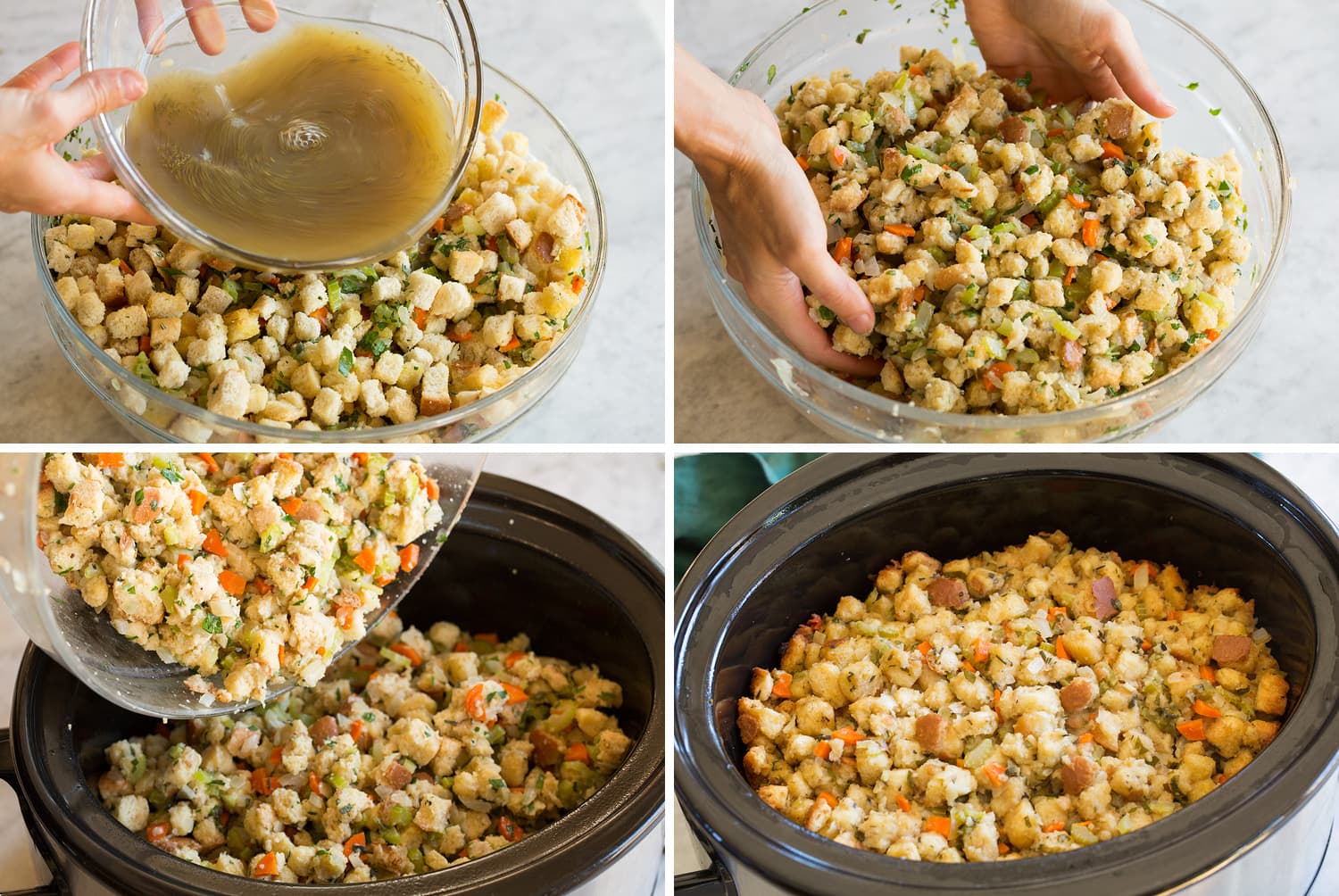 Crockpot Stuffing Four photos showing how to toss and cook slow cooker stuffing.