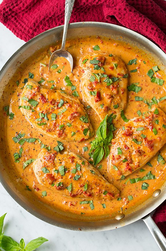 Sun Dried Tomato Chicken simmering with Sun Dried Tomato Sauce