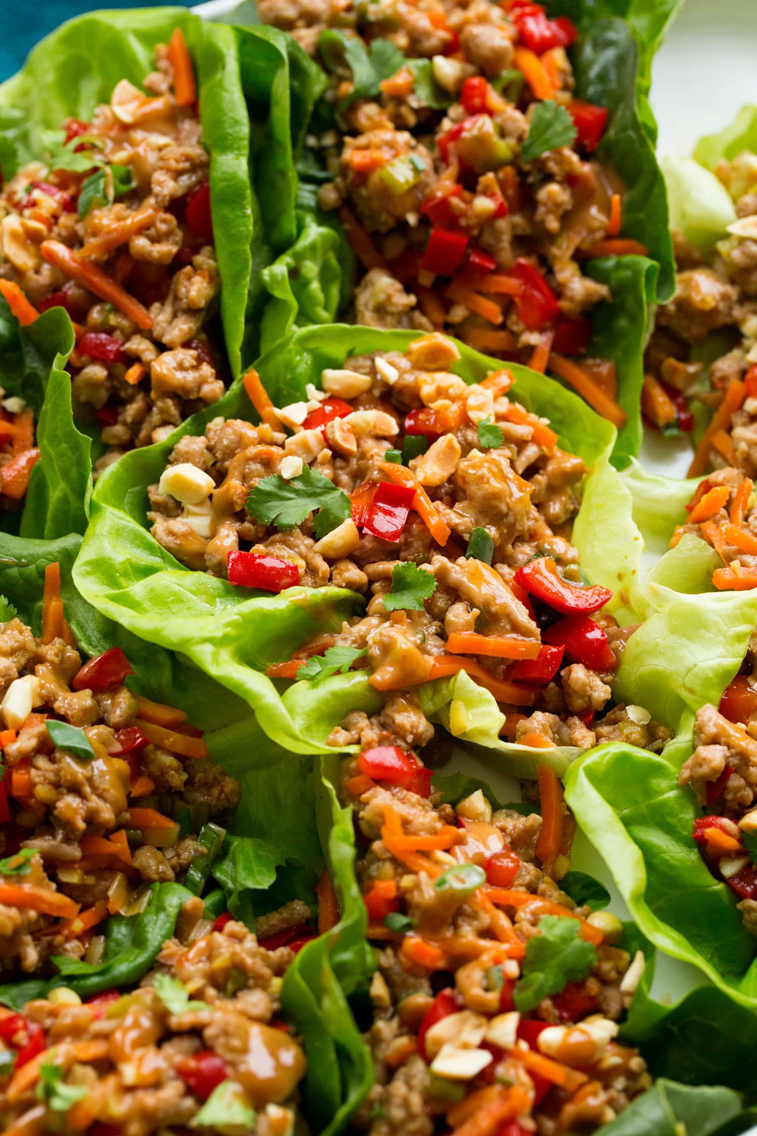 Thai Chicken Lettuce Wraps Close up photo of Thai lettuce wraps with peanut sauce.