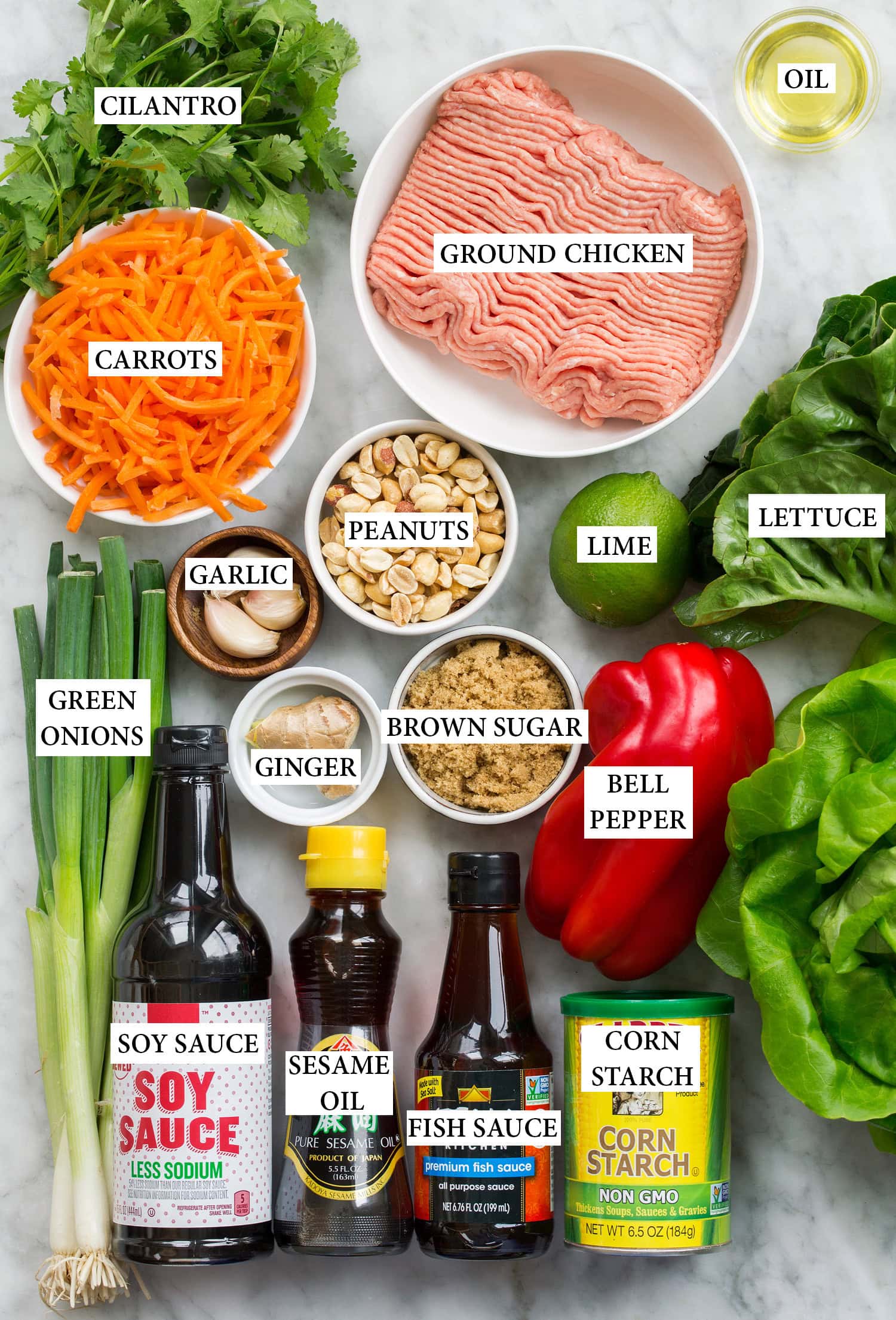 Thai Chicken Lettuce Wraps Ingredients needed to make Thai chicken lettuce wraps.