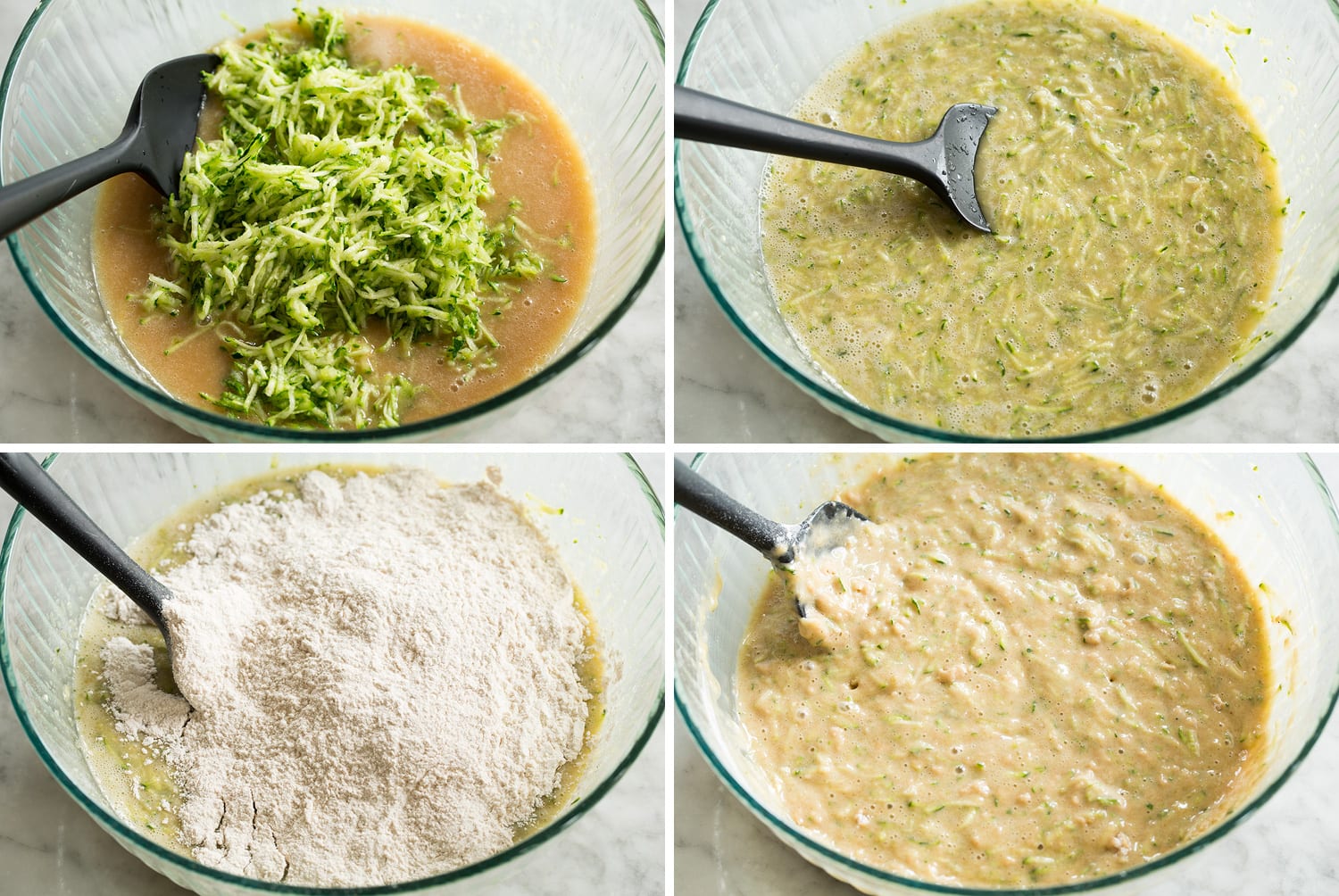 Zucchini Cake Adding zucchini to cake batter and blending dry and wet mixtures .