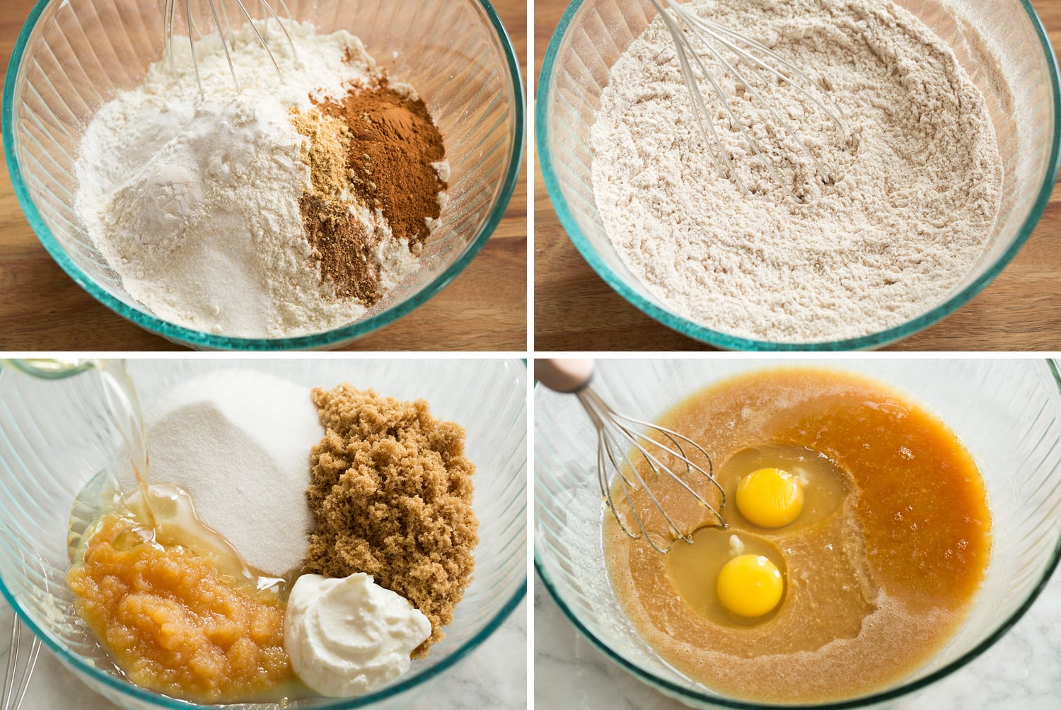 Zucchini Cake Steps of making zucchini cake wet mixture and dry mixture in glass mixing bowls.