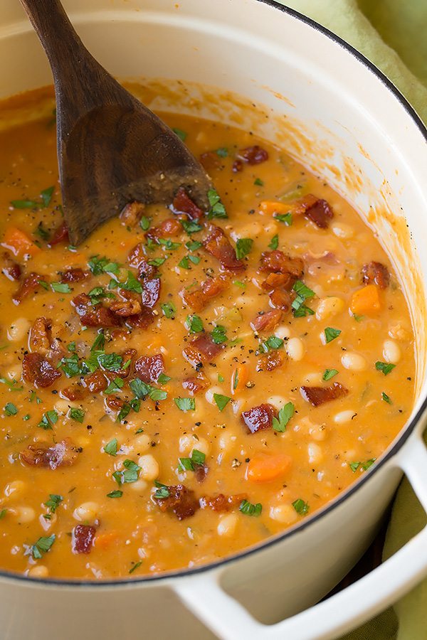Bean and Bacon Soup Bean and Bacon Soup in a large white pot.