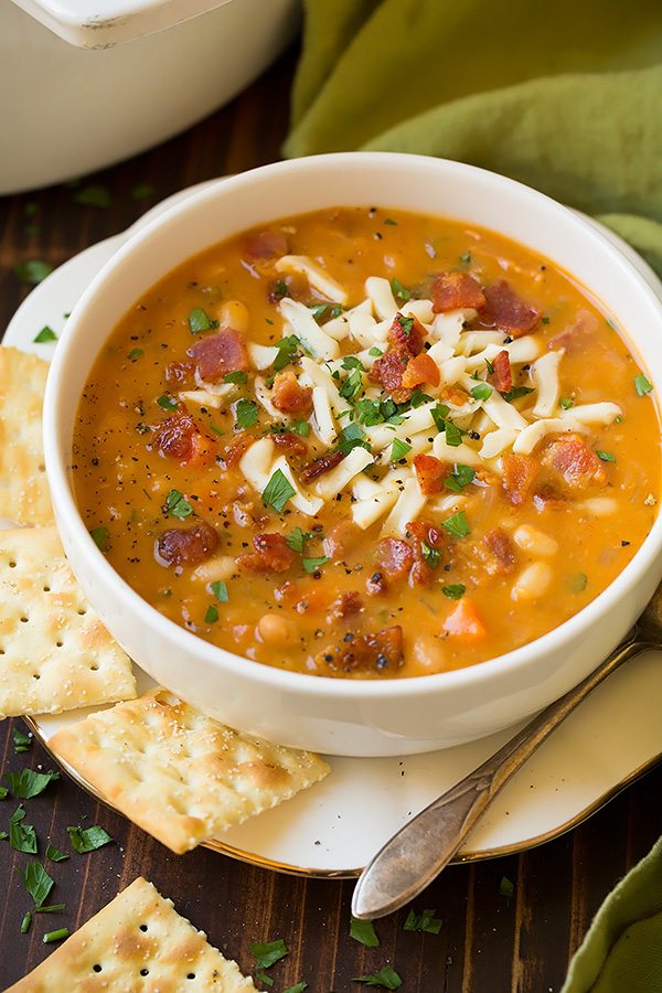 Bean and Bacon Soup Bean and Bacon Soup in a white serving bowl set over a white plate. Soup is topped with mozzarella, bacon and parsley and served with a side of saltine crackers.