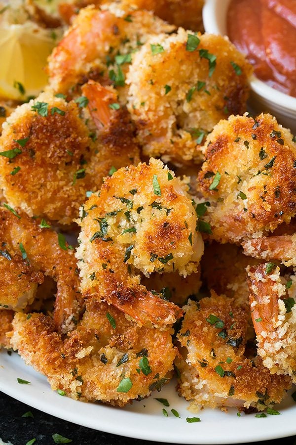 Crispy Panko Shrimp Close up image of panko crusted shrimp that's been cooked in a skillet.