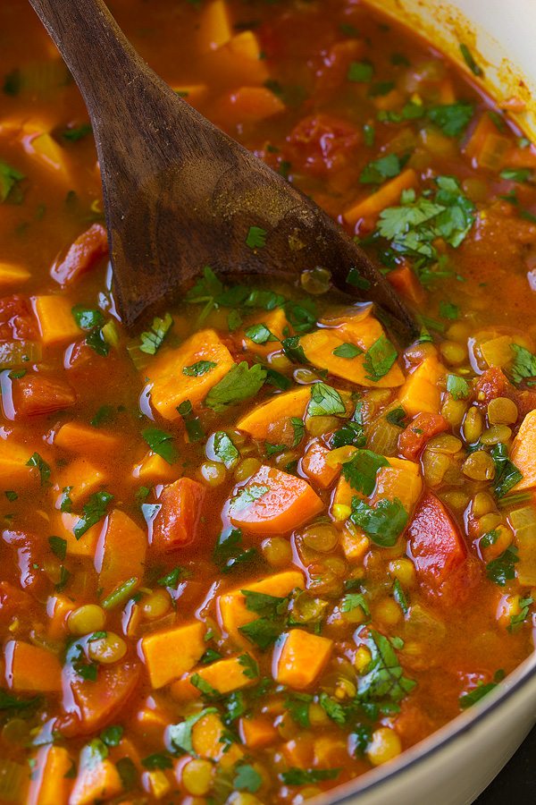 Moroccan Sweet Potato and Lentil Soup Close up image of sweet potato soup in a pot.