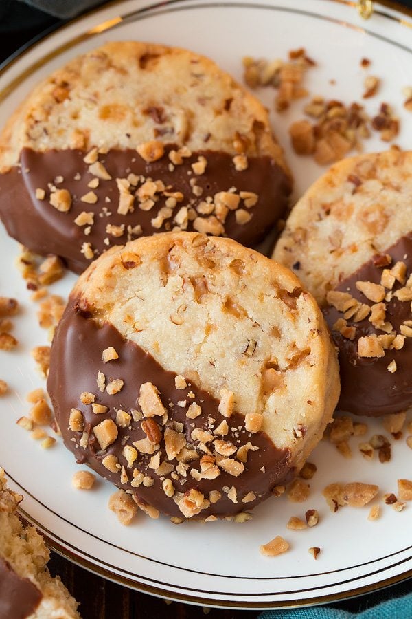 Chocolate Dipped Toffee Pecan Shortbread Cookies | Cooking Classy