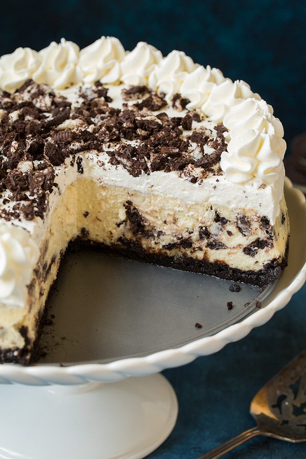 Oreo Cheesecake Oreo cheesecake on a white cake stand.