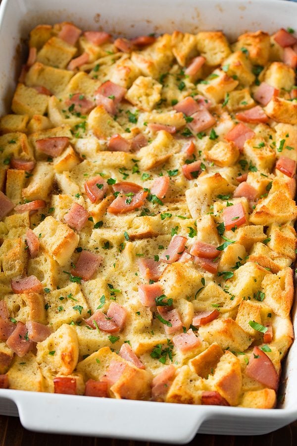 Eggs Benedict Casserole Overnight Eggs Benedict Casserole after baking in a white baking dish.