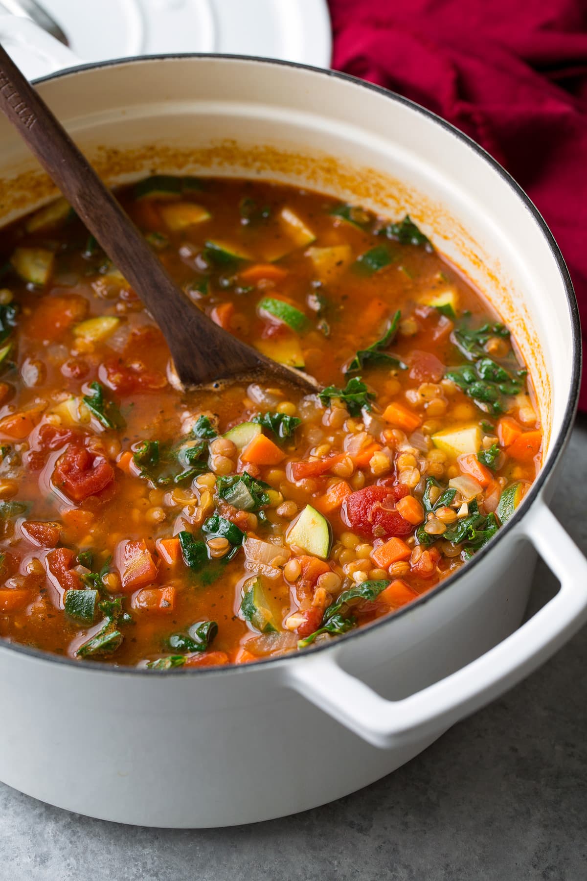 Lentil Soup Lentil Soup in a large white cast iron pot