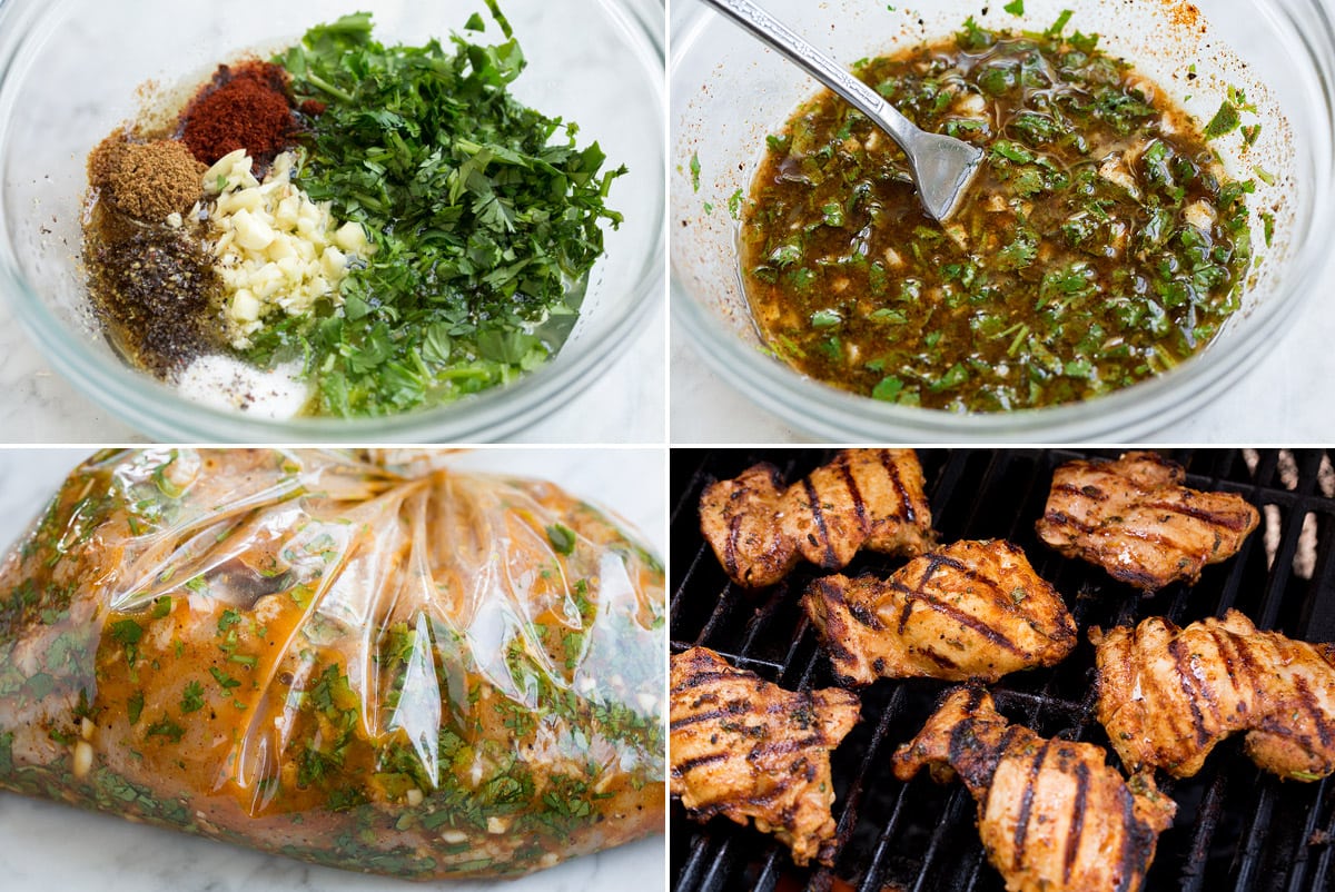 Grilled Chicken Street Tacos Collage image of 4 steps showing how to make street tacos. Shows mixing marinade, soaking chicken in marinade in a bag and grilling chicken on grill.