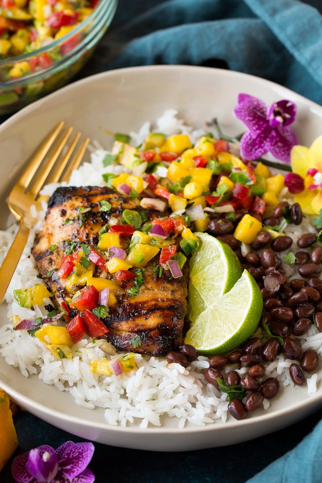 Jerk Chicken grilled jerk chicken on a bed of rice