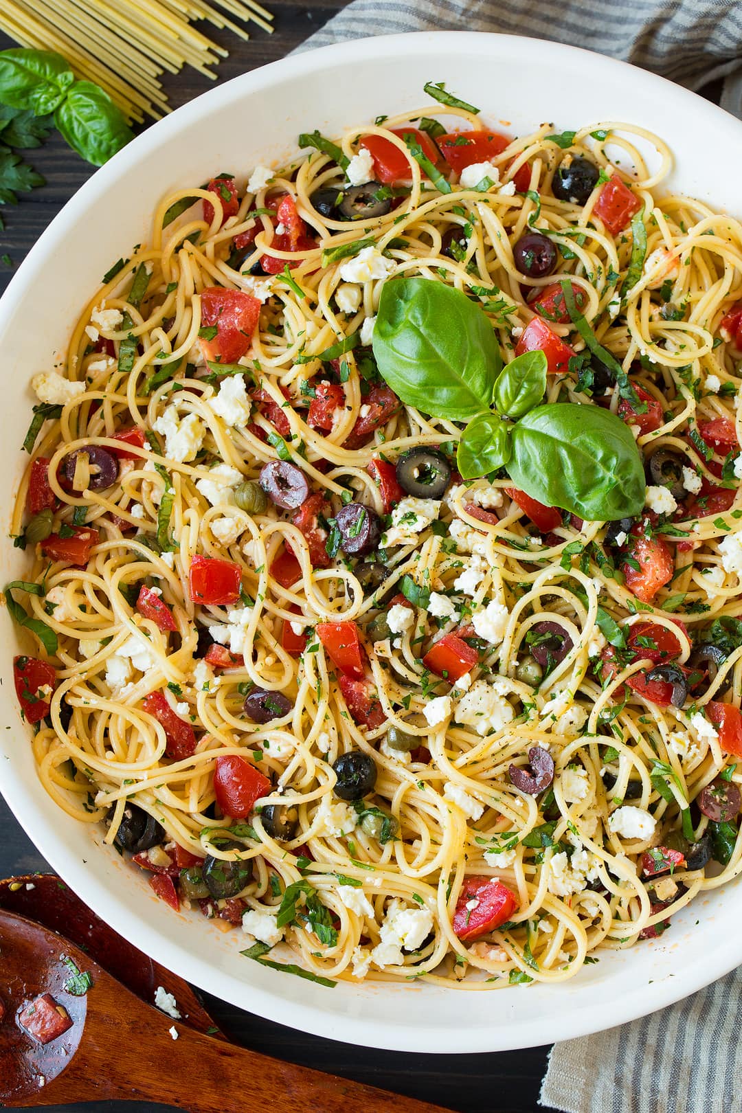 Greek Spaghetti Overhead image of Greek pasta in a large serving bowl.
